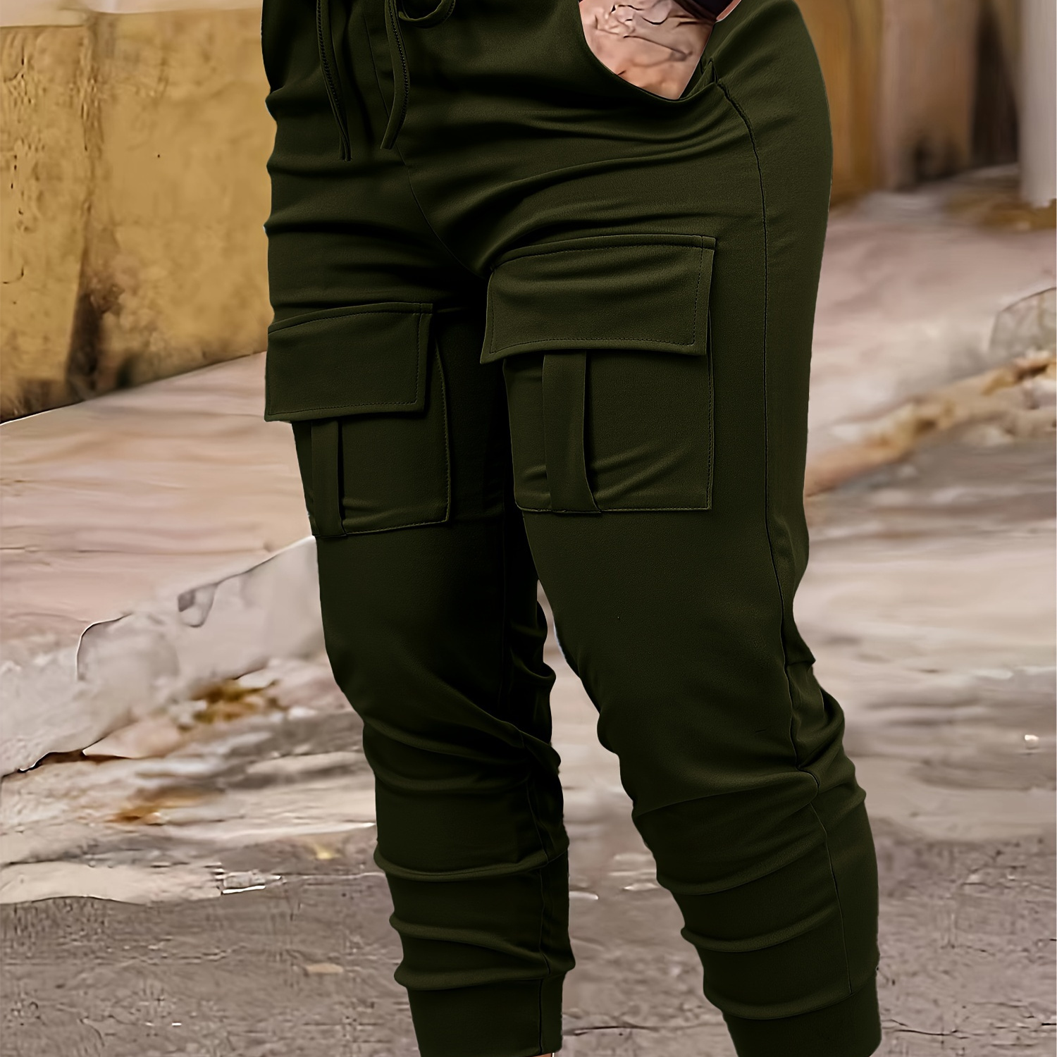 Solid Flap Pocket Jogger Cargo Pants Casual Drawstring Pants - Temu