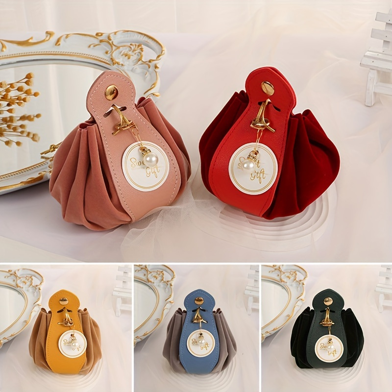 

1pc Velvet Gift Bags Round Bottom Drawstring Velvet Pouch With Pearl Charm For Jewelry Organizer, Christmas Party, Wedding Favors