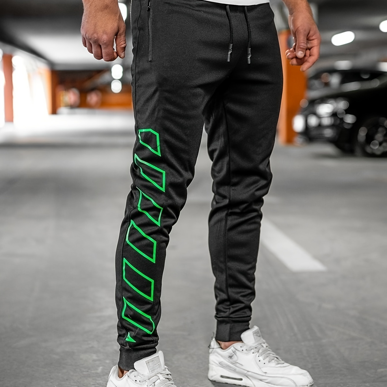 

Men's Athletic Joggers, Casual Geometric Side Print Footed Long Pants, Breathable Sportswear, Slim Fit Sweatpants With Drawstring