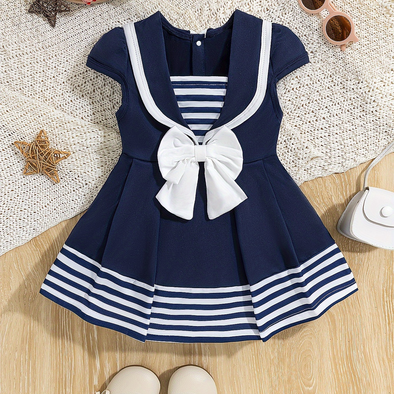 

Baby's Preppy Style Bowknot Decor Short Sleeve Pleated Dress, Infant & Toddler Girl's Clothing For Summer/spring, As Gift
