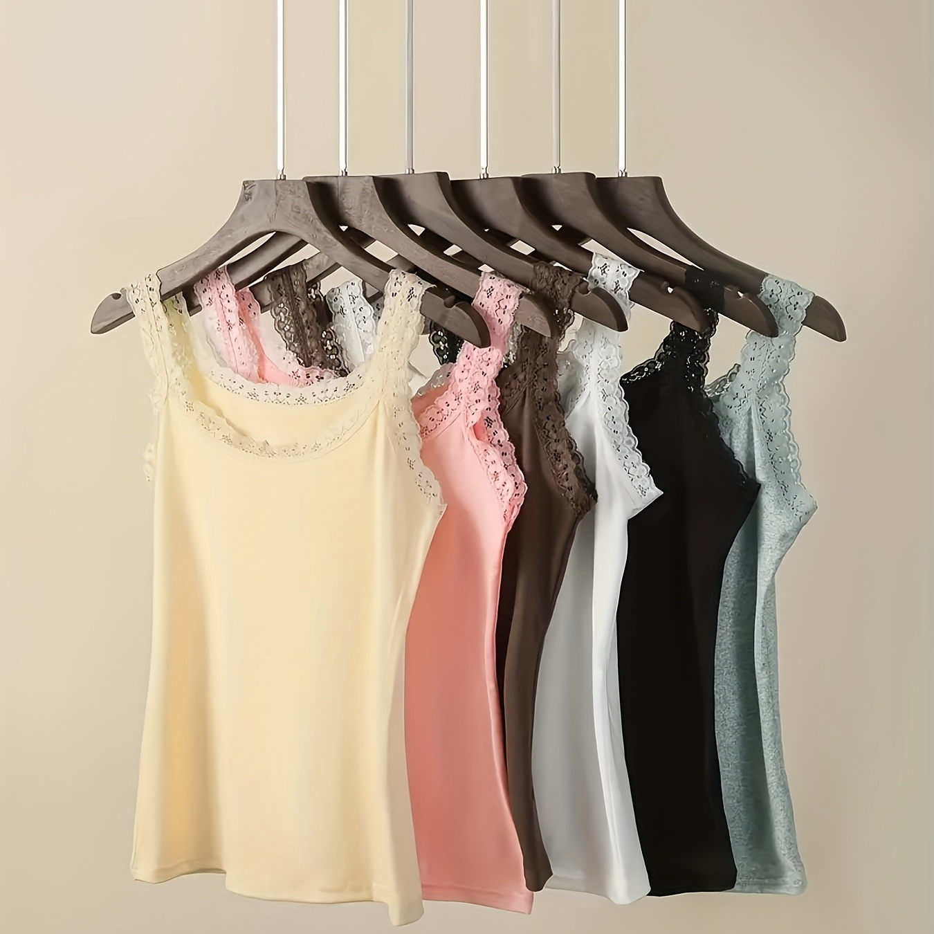 

6-pack Ladies' Sleeveless Camisole Tank Tops, Assorted Colors, Lace Trim, Slim Fit, Breathable, No Padding,