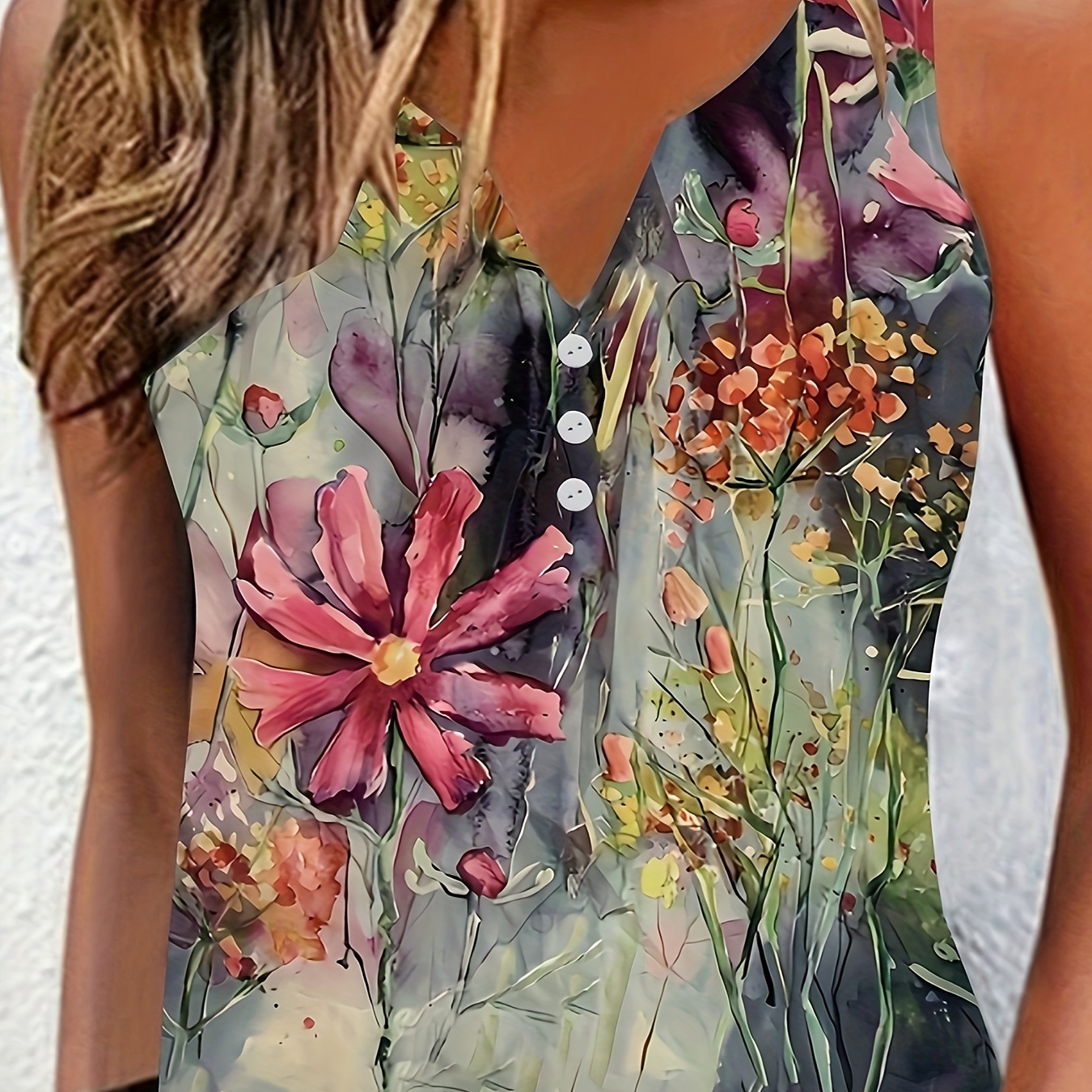 

Floral Print Button Notched Neck Blouse, Casual Sleeveless Blouse For Spring & Summer, Women's Clothing