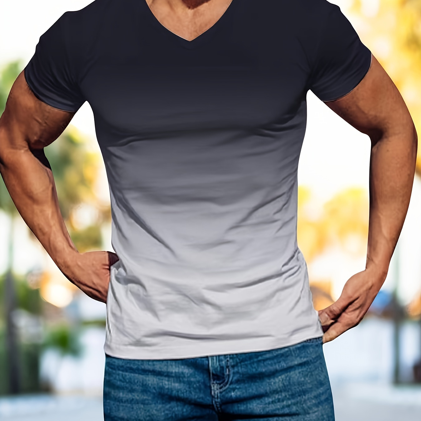 

Daily Men's Gradient V-neck Short Sleeve Sports T-shirt, Summer Outdoor, Gift For Men