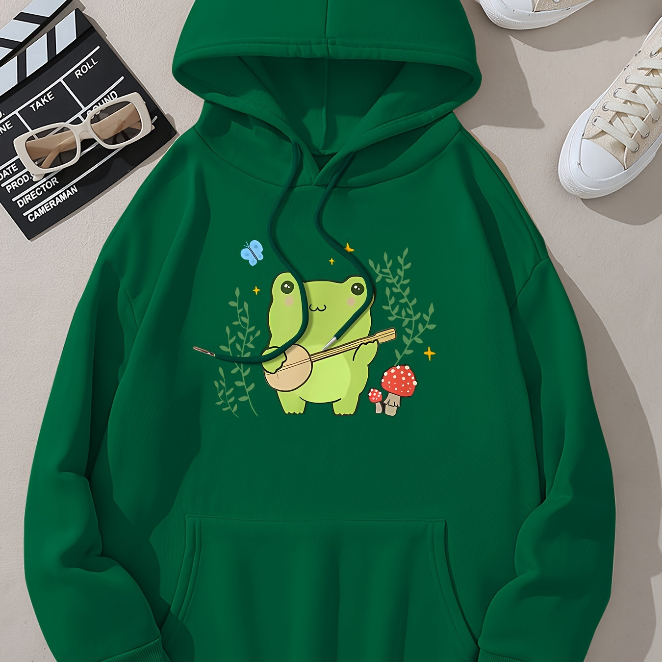 

Cute Frog Print Drawstring Hoodie, Casual Long Sleeve Drop Shoulder Hoodie, Women's Clothing