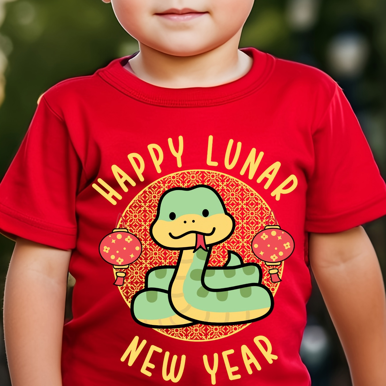 

Chicfull Boys' Happy Lunar New Year Cartoon Snake Print T-shirt, Casual Crew Neck Polyester Top, Slight Stretch Knit Fabric, Regular Fit For Spring/summer