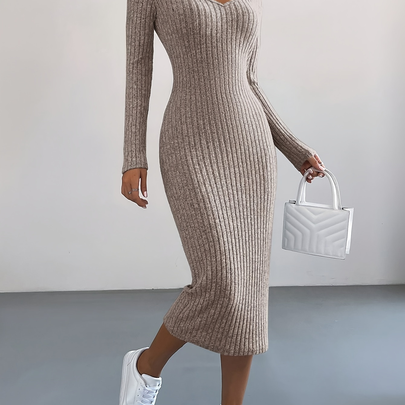 

Women's V-neck Ribbed Knit Pencil Dress - 95% Polyester 5% Spandex, Solid Color Midi Dress For