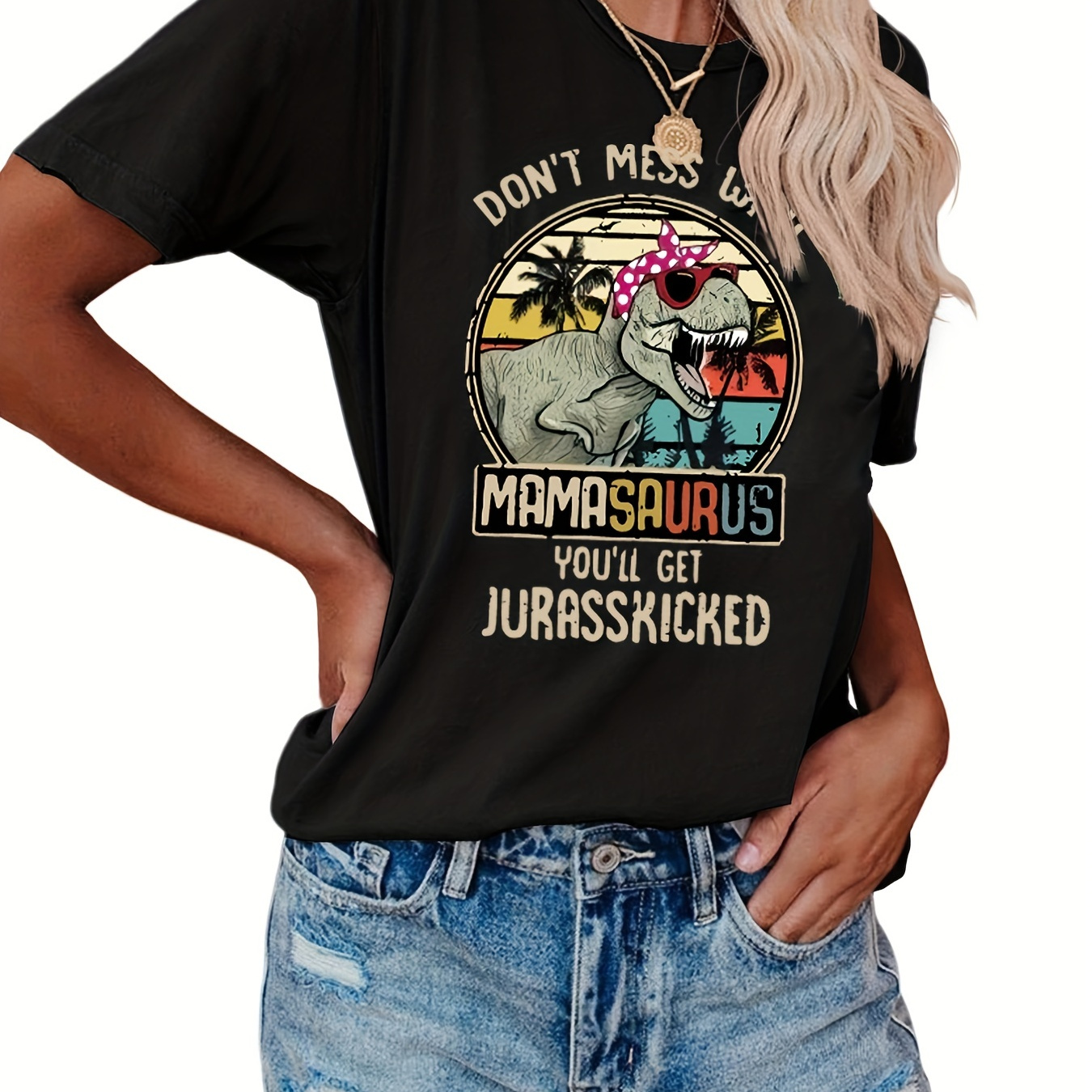 

Mamasaurus Print T-shirt, Short Sleeve Crew Neck Casual Top For Summer & Spring, Women's Clothing