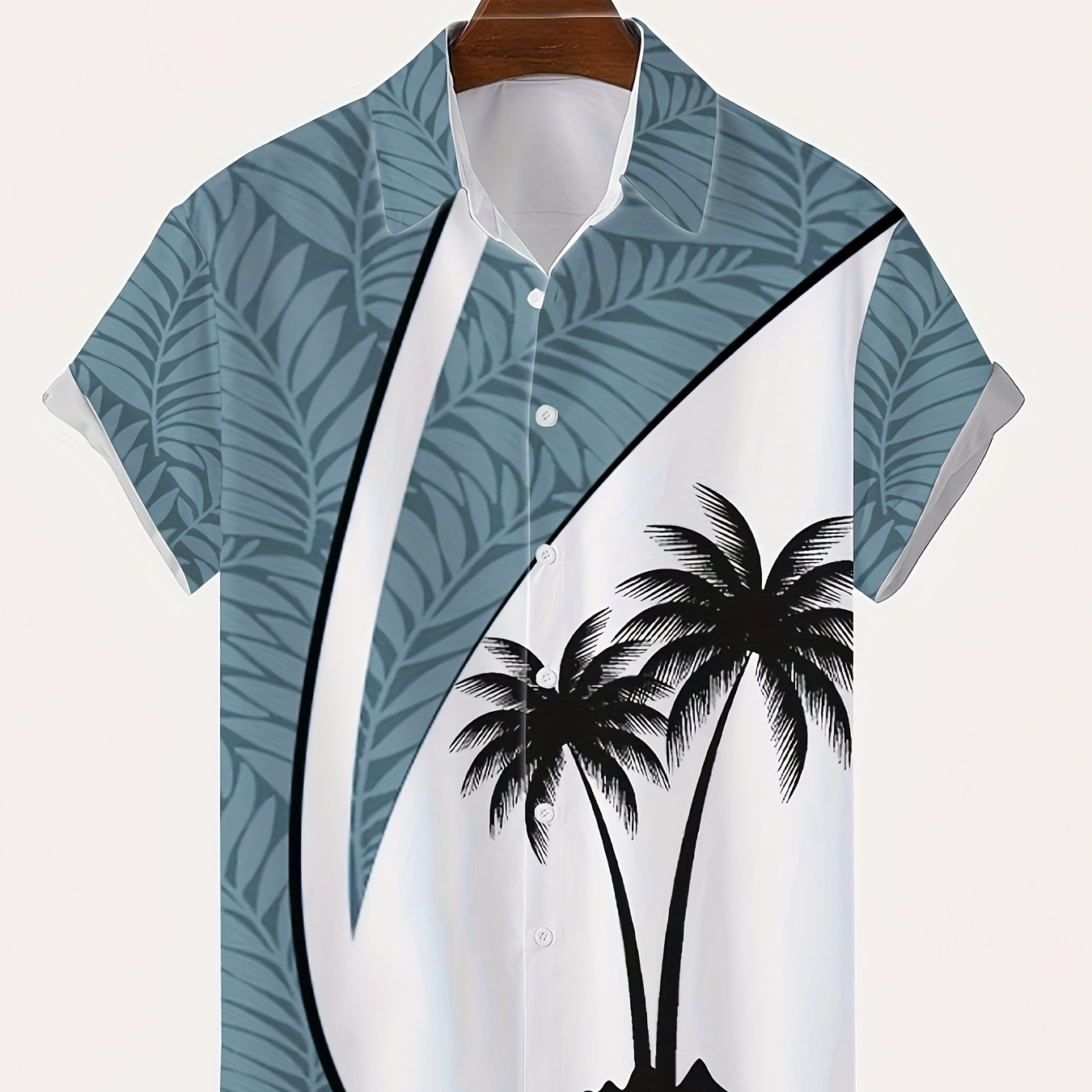 

Coconut Tree And Leaves Pattern Men's Chic Color Block Short Sleeve Lapel Hawaiian Shirt, Summer Resort Vacation
