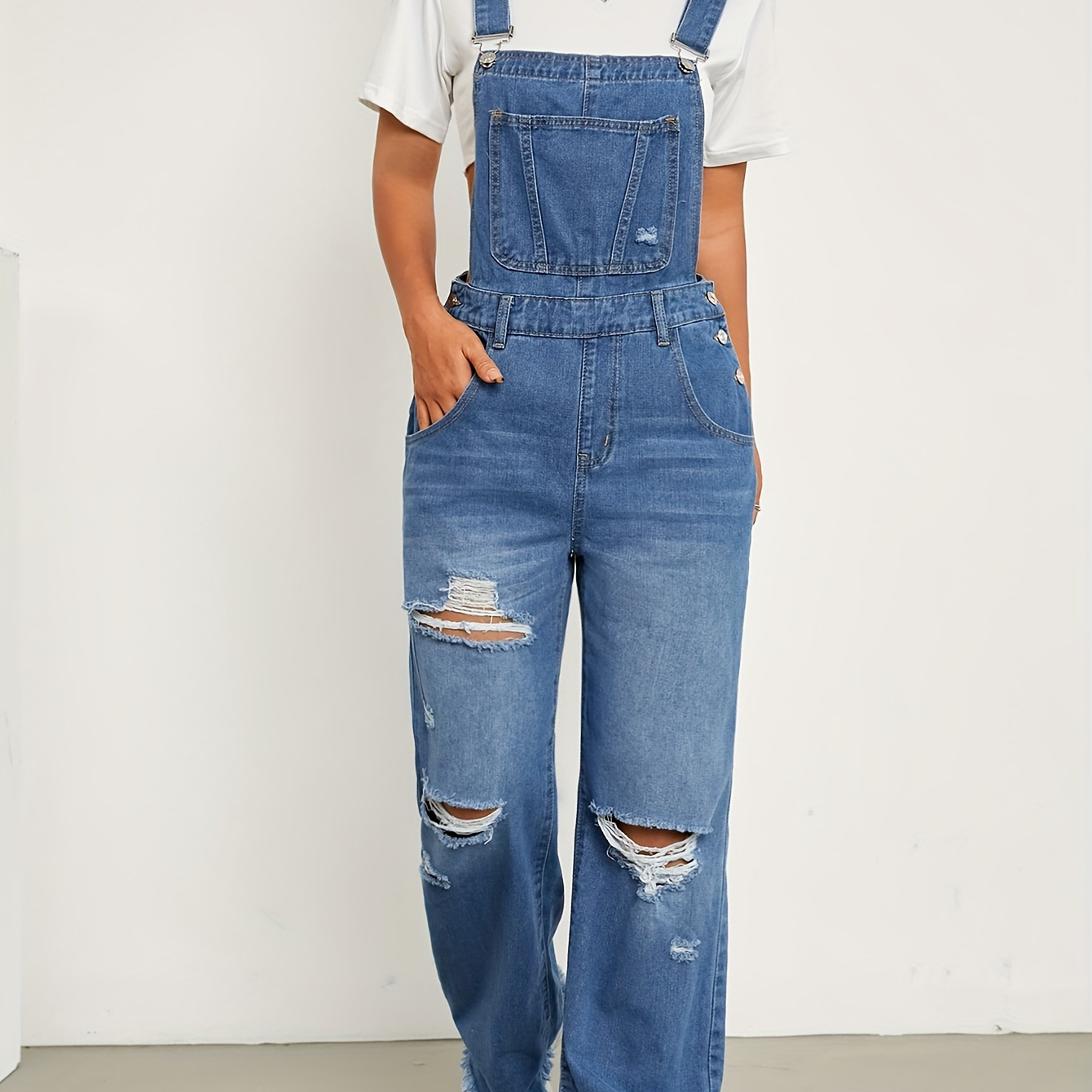 

Women's Casual Denim Overalls, Ripped Distressed Straight-leg Dungarees Jeans, Loose-fit Suspender Jumpsuit