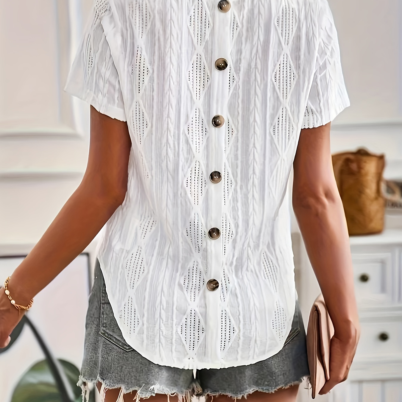 

Button Decor Solid Color Textured T-shirt, Elegant Short Sleeve Arc Hem Top For Spring & Summer, Women's Clothing