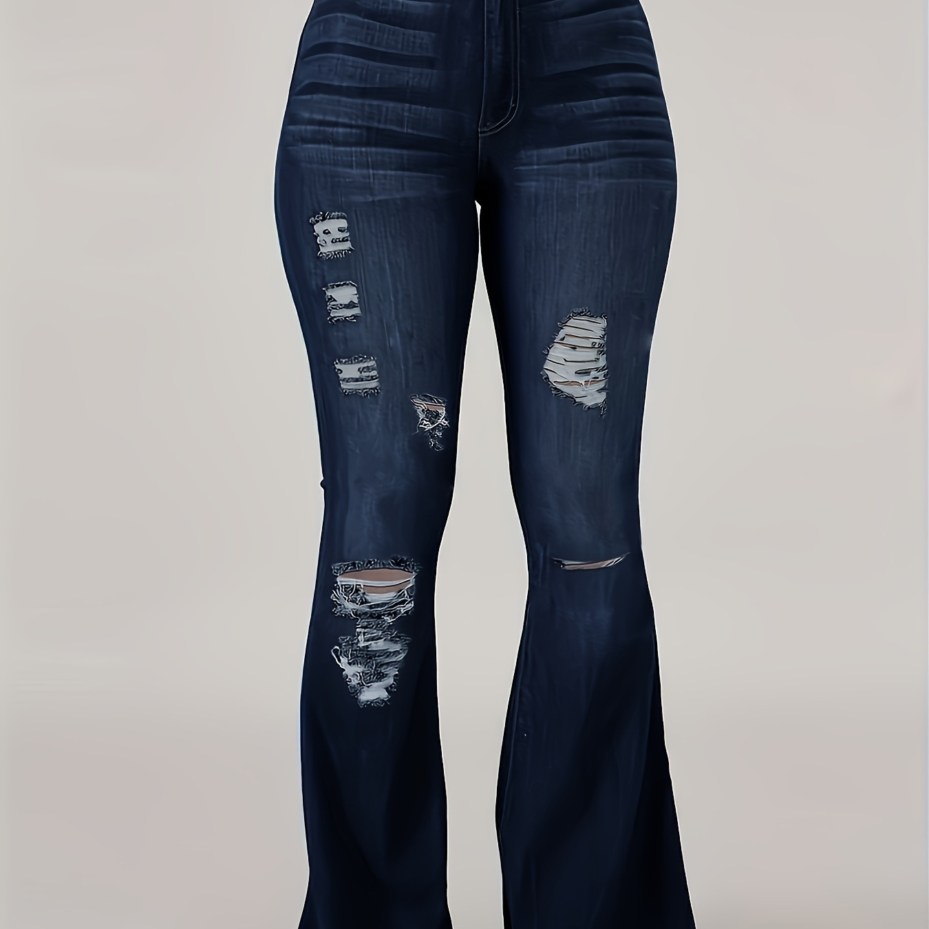 

Blue Raw Hem Flared Jeans, Bell Bottom Ripped Holes High Waist Denim Pants, Women's Denim Jeans & Clothing