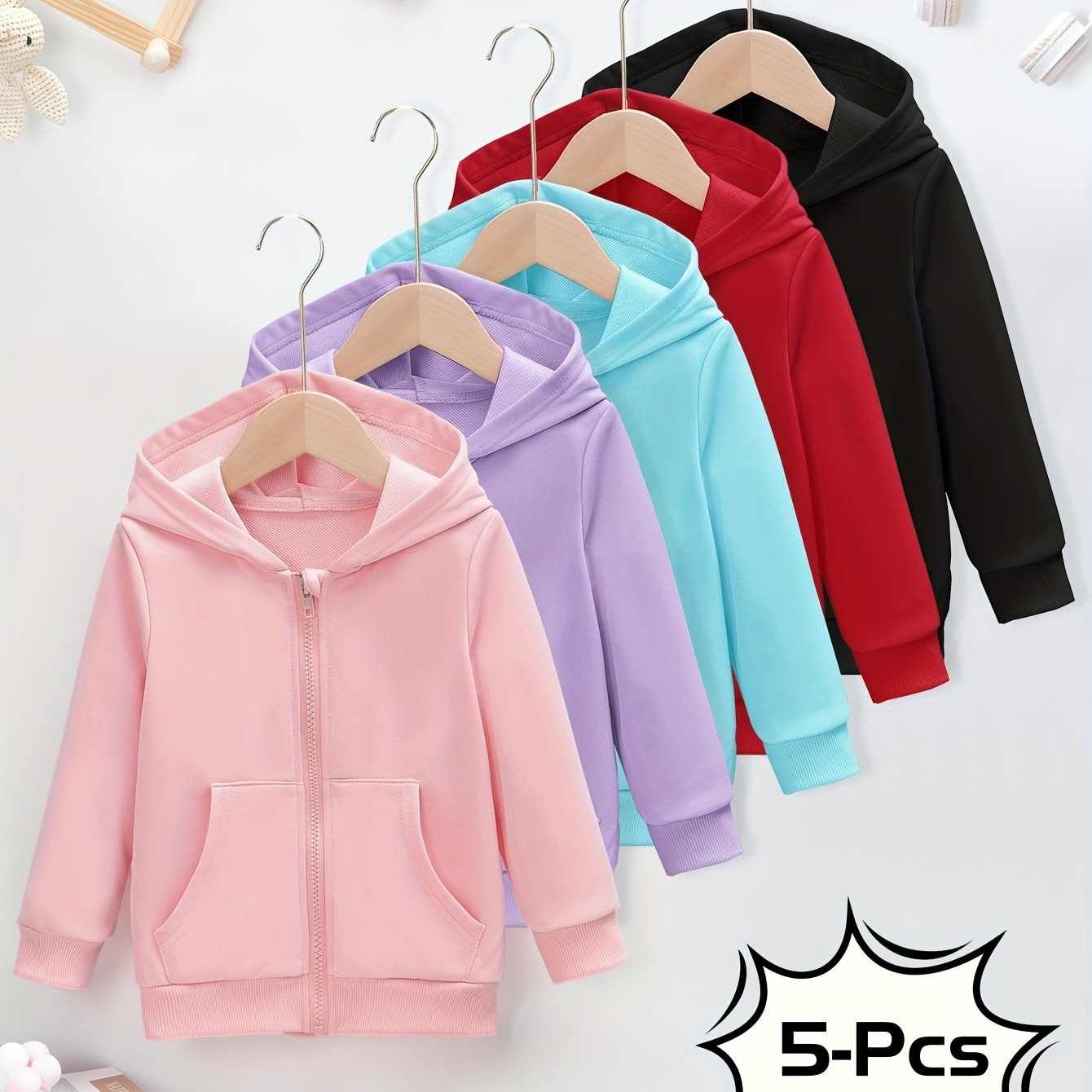 

5pcs Girls' Candy-colored Hooded Zip-up Jackets - Casual & Sporty, Stretch Fabric, Machine Washable - Perfect For Spring/fall