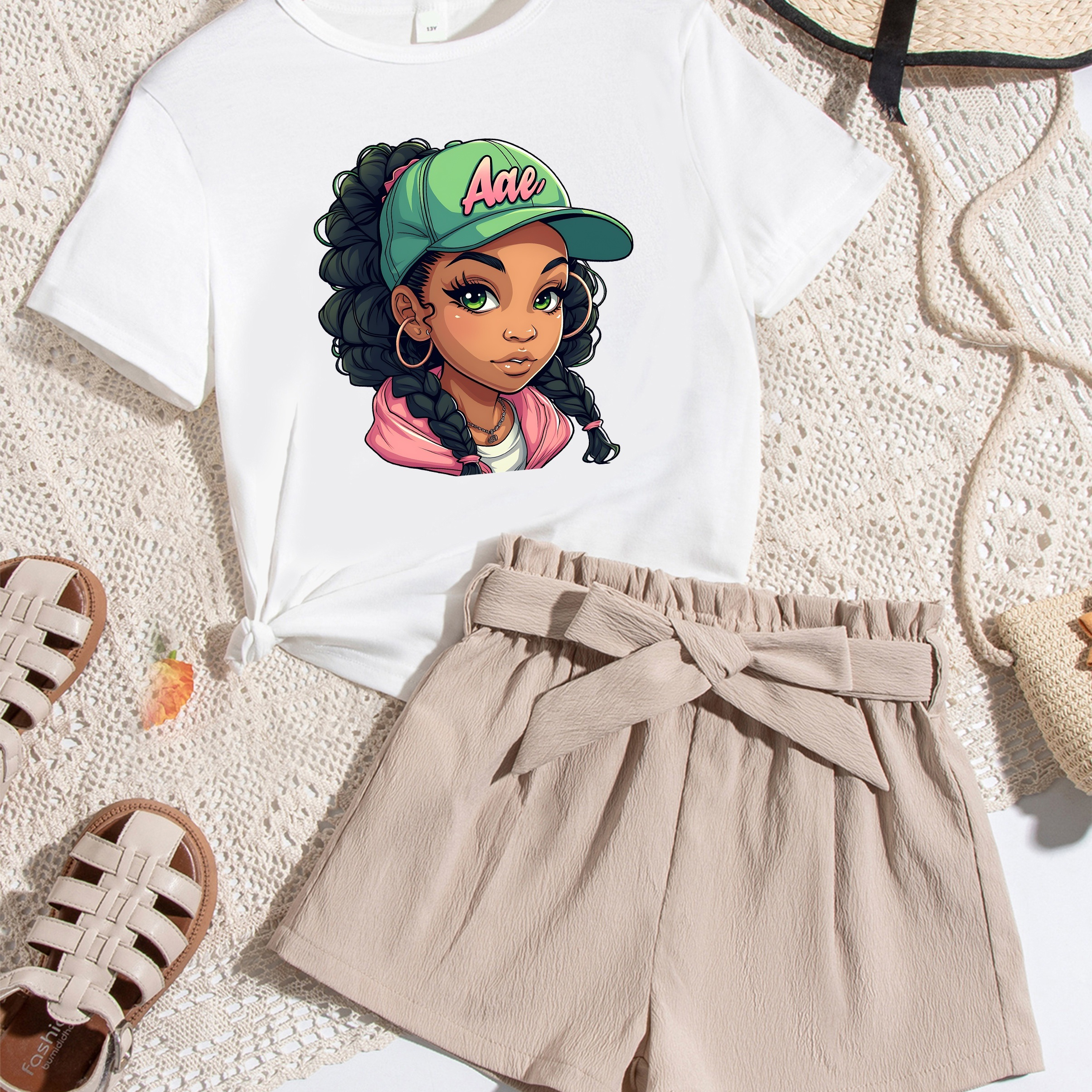 

2pcs, Graphic T-shirt + Bow Waist Set, And Summer Clothes