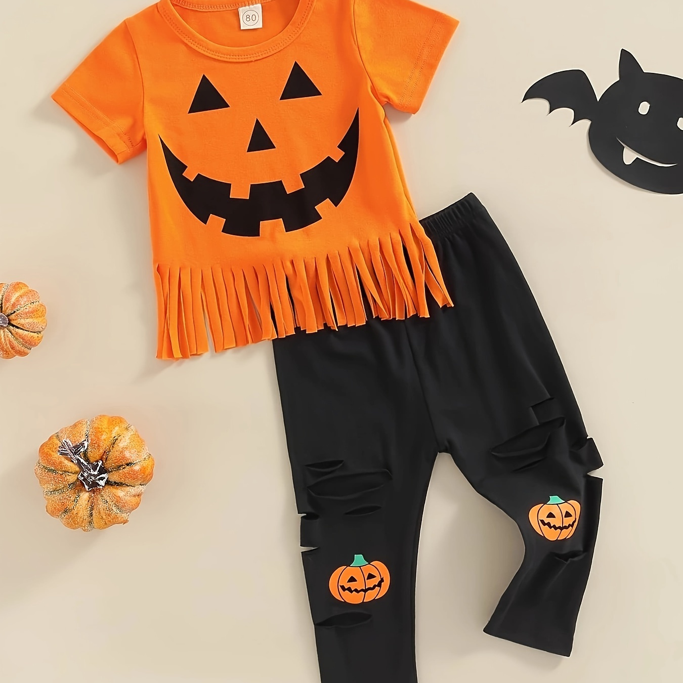 

Toddler Baby Girl Halloween Outfit, Short Sleeve Pumpkin T-shirt Top Pants Set Halloween Fall Clothes Set