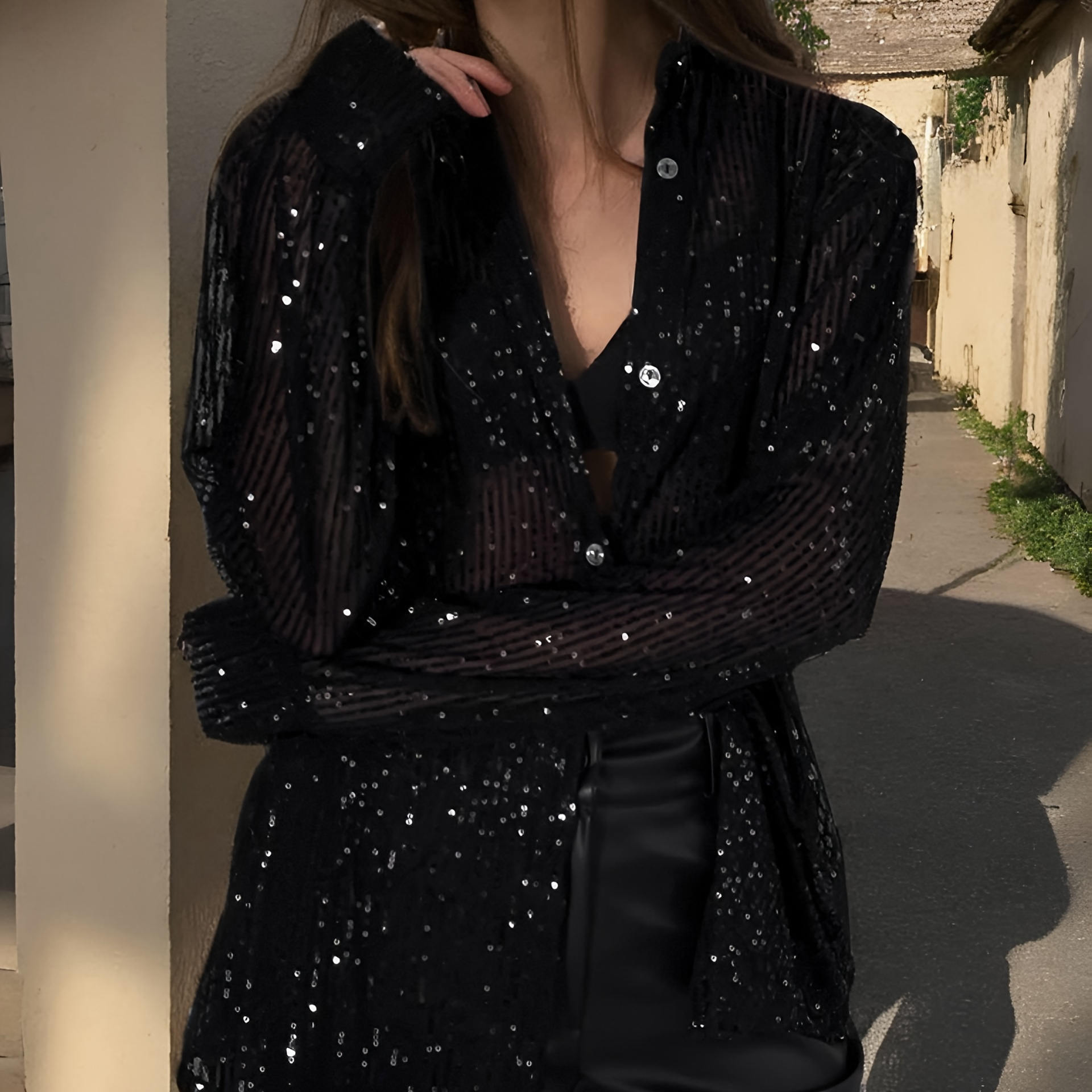 

Women's Glitter Sequin Long Sleeve Button- Shirt - Oversized Black Lapel Top With V-neck Detail, Evening Wear & Date Nights