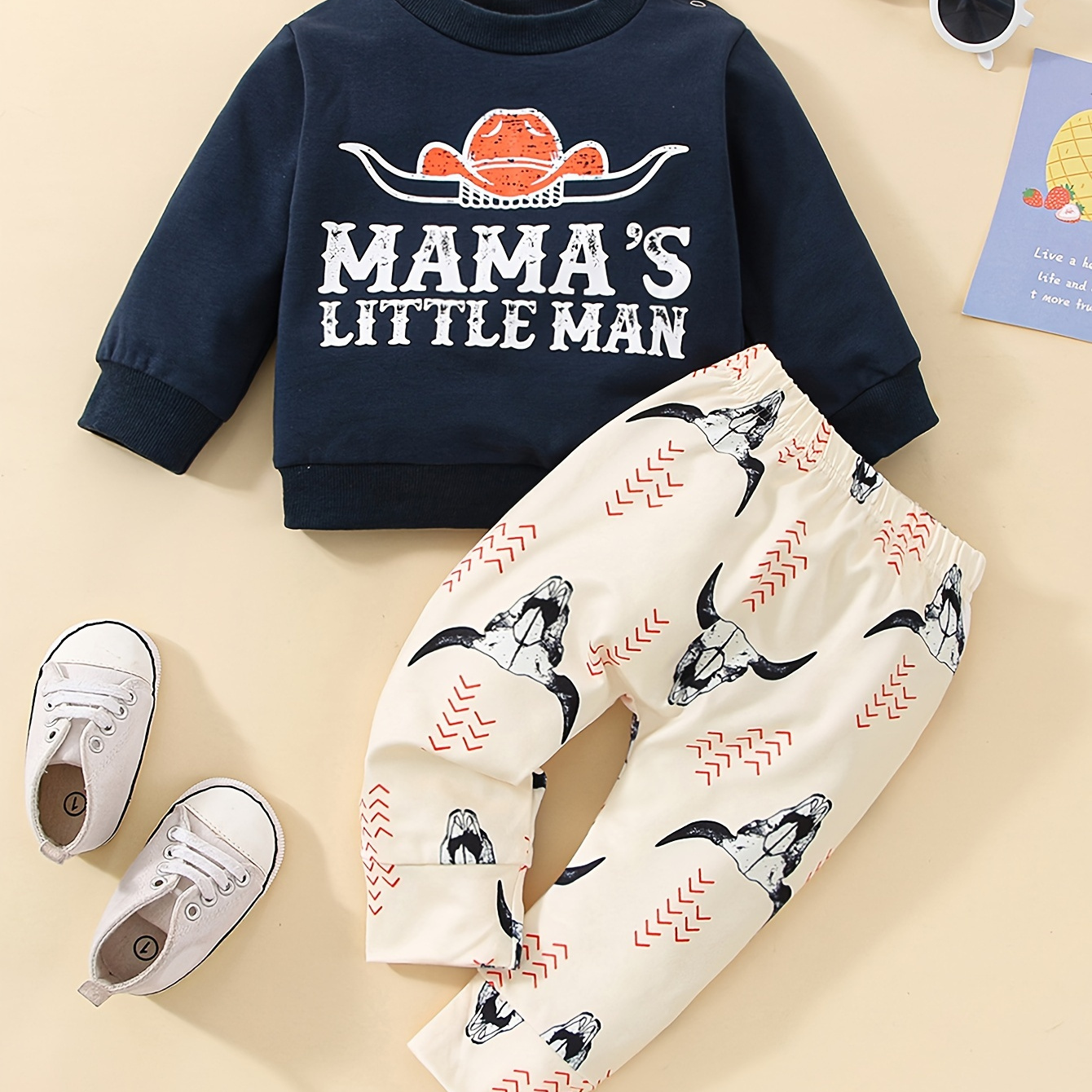 

Boys Casual "mama's Little Men" Print Sweatshirt & Cow Print Pants For Autumn And Spring