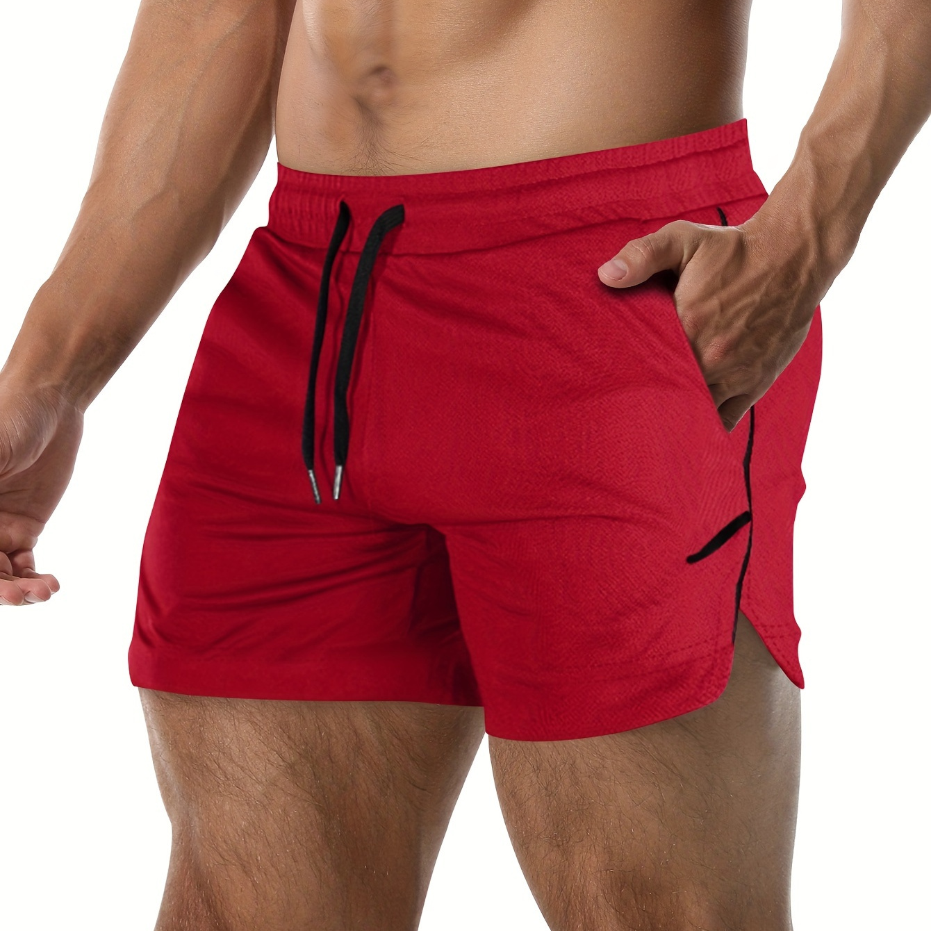 

Quick Drying Comfy Shorts, Men's Casual Zipper Pockets Slightly Stretch Waist Drawstring Shorts For Summer Gym Workout Training