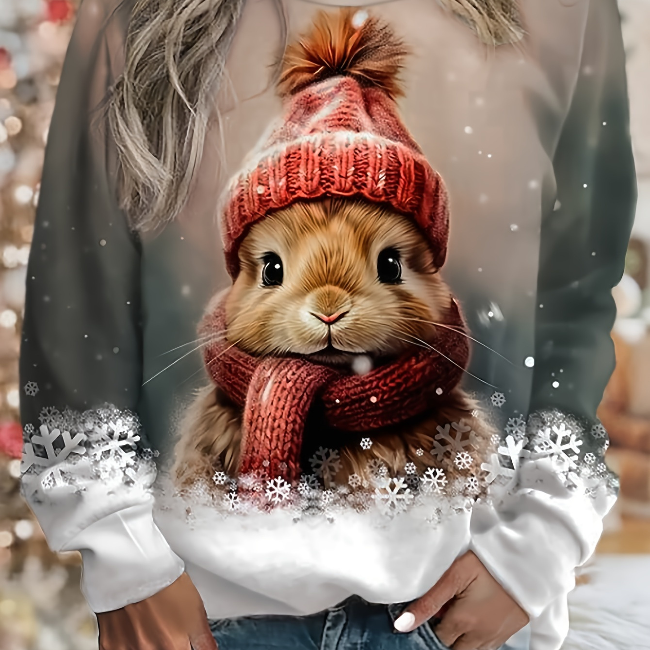 

Cute Animal Graphic Crew Neck Sweatshirt - Polyester Knit Fabric With Elastane, Fall/winter Casual Pullover With Hamster In Red Hat Design, Christmas Holiday Lightweight Sweater