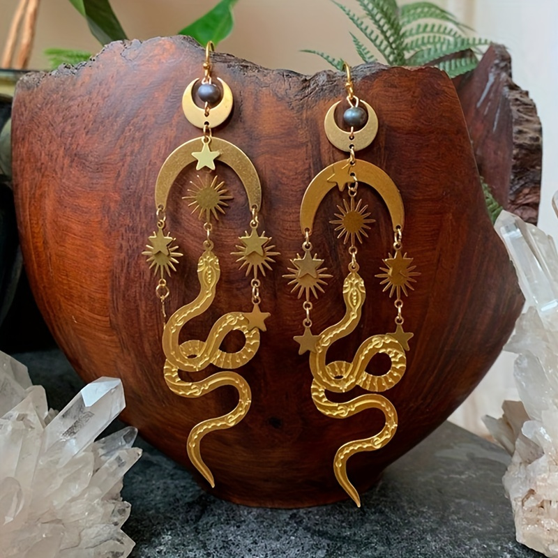 

Vintage Creative Star Moon Golden Snake Dangle Earrings For Women Ear Jewelry Gift