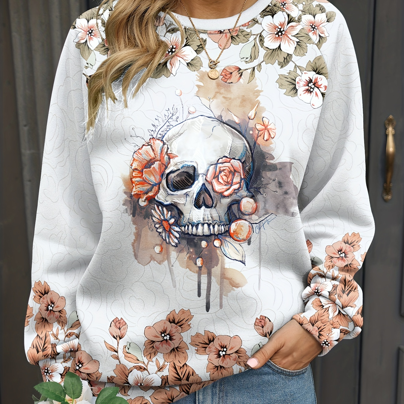 

Plus Size Halloween Casual Sweatshirt, Women's Plus Floral Skull Print Long Sleeve Round Neck Slight Stretch Pullover Top