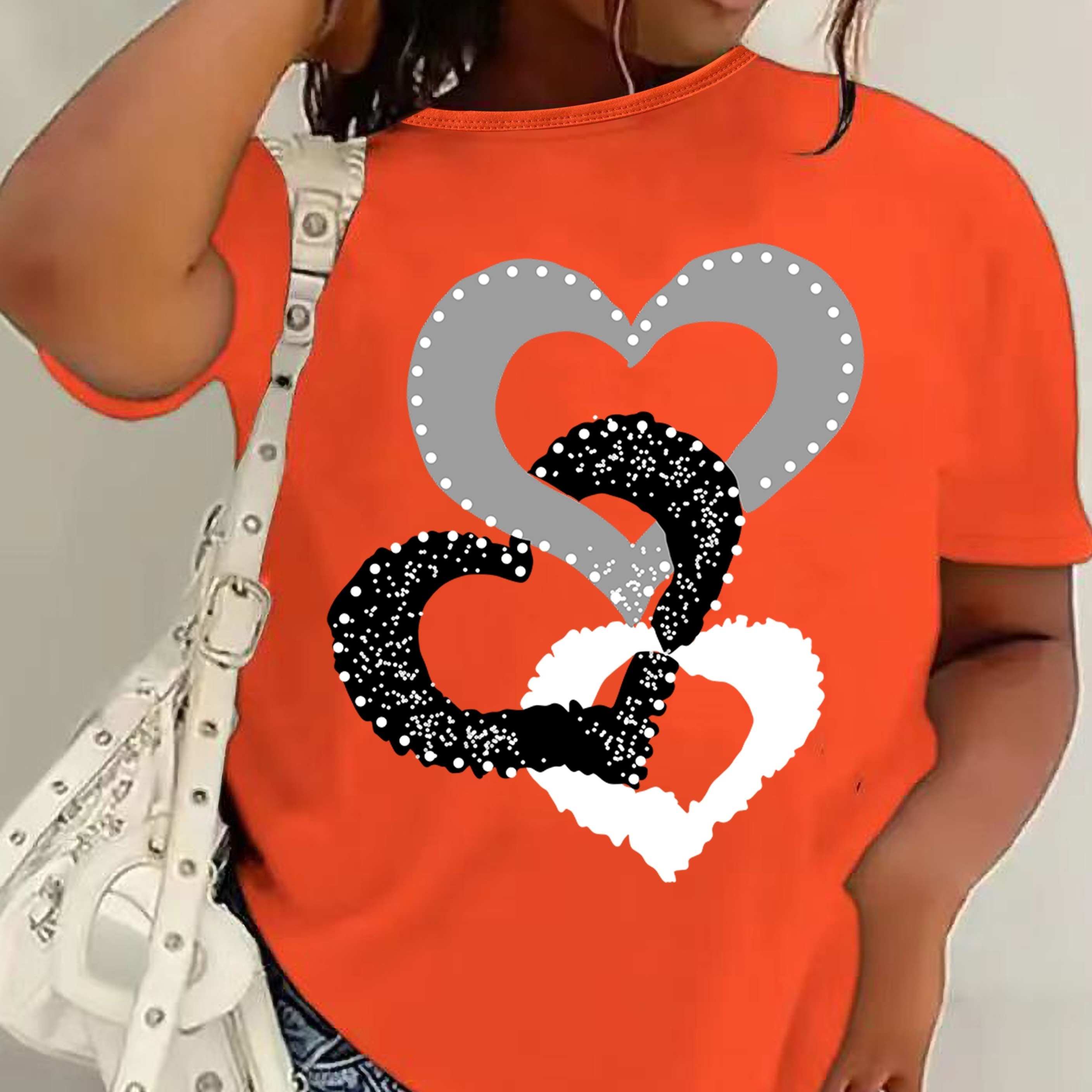 

Heart Print Crew Neck T-shirt, Casual Short Sleeve Top For Spring & Summer, Women's Clothing