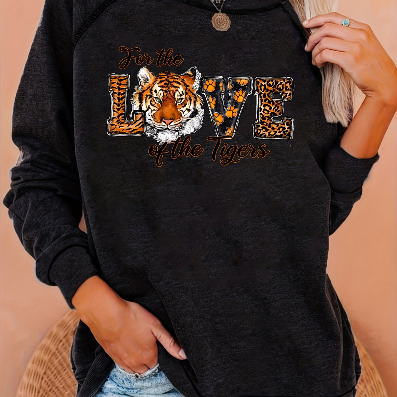 

Women's Tiger Graphic Neck Sweatshirt - Casual Polyester Raglan Long Sleeve With Slight Stretch, Animal Pattern Pullover For Spring/fall - Fashion Knit Top