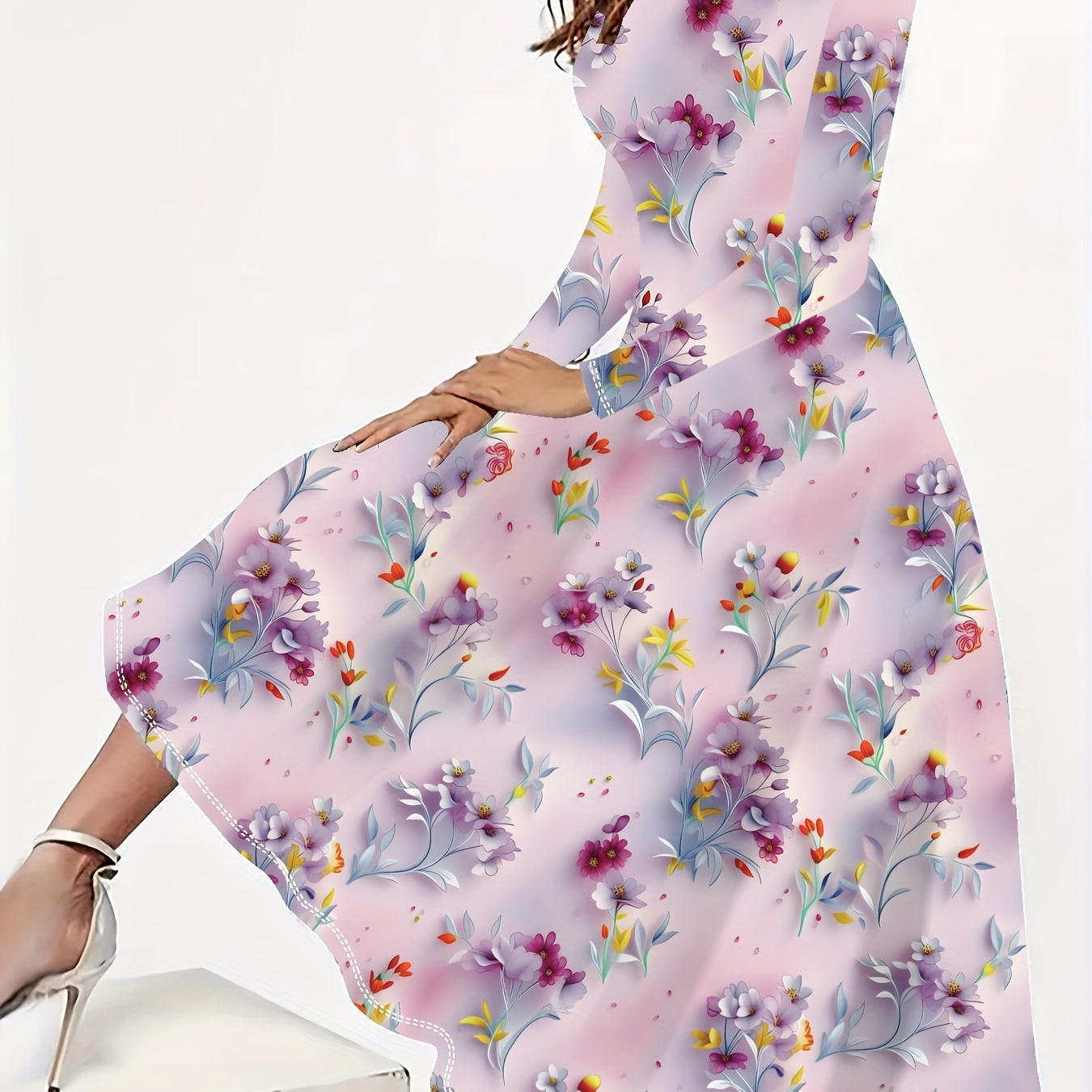 

Plus Size Floral Print Longline Dress, Elegant Long Sleeve Crew Neck Dress For Spring & Fall, Women's Plus Size Clothing