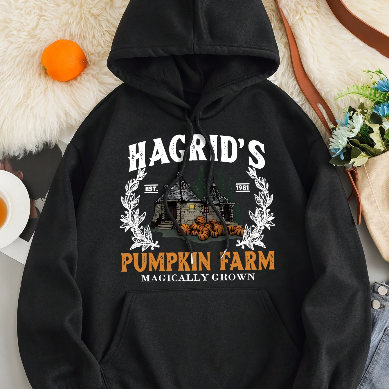 

's Pumpkin Farm Hoodie Sweatshirt - Casual Polyester Hooded Pullover With Drawstring, Knit Fabric, Microfiber, Autumn/