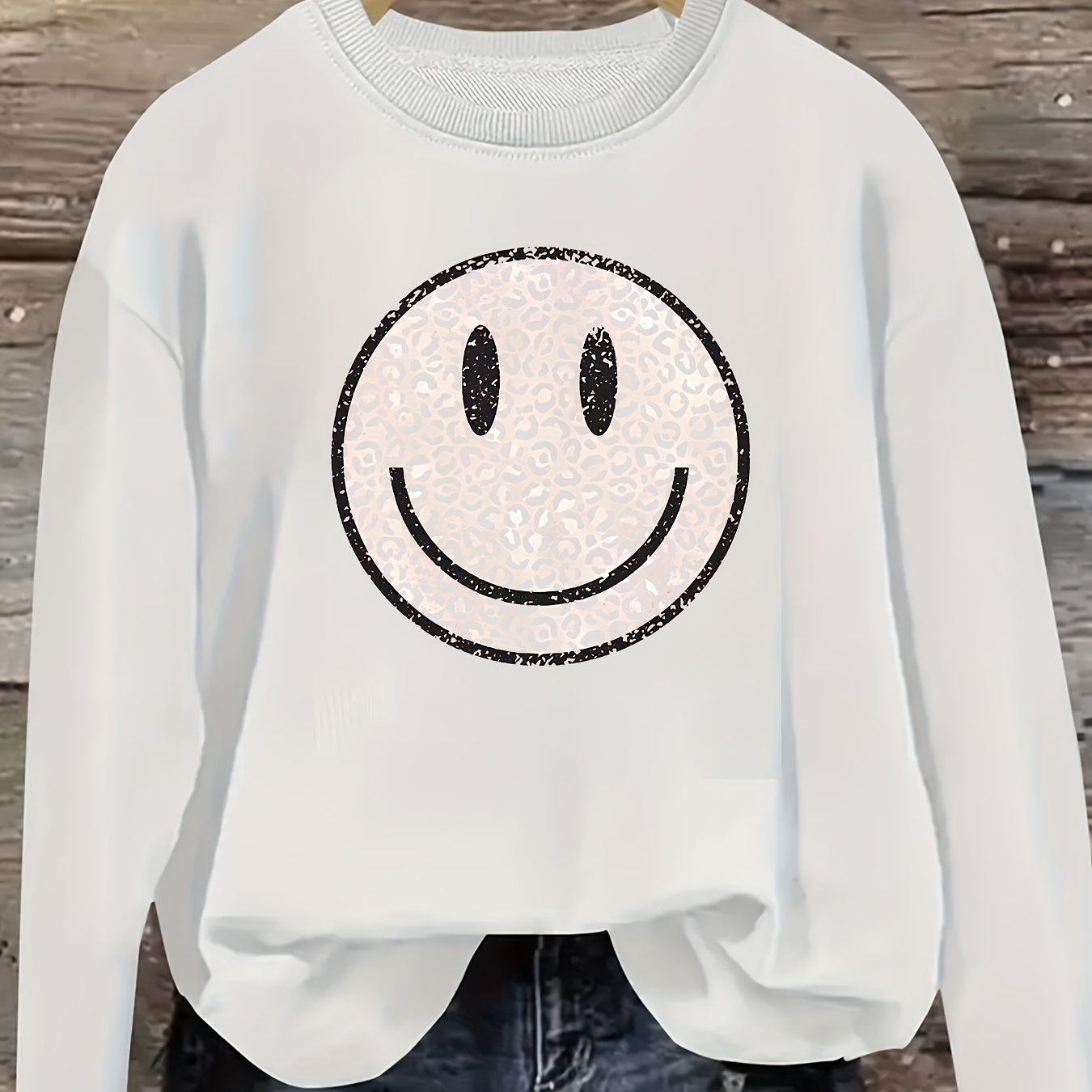 

Smile Print Sweatshirt, Crew Neck Casual Sweatshirt For Fall & Spring, Women's Clothing