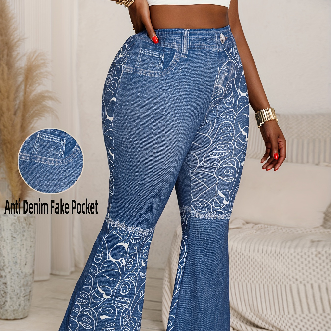 

Plus Size Faux Denim Cartoon Print Pants, Casual Flared Leg Pants For Spring & Summer, Women's Plus Size Clothing