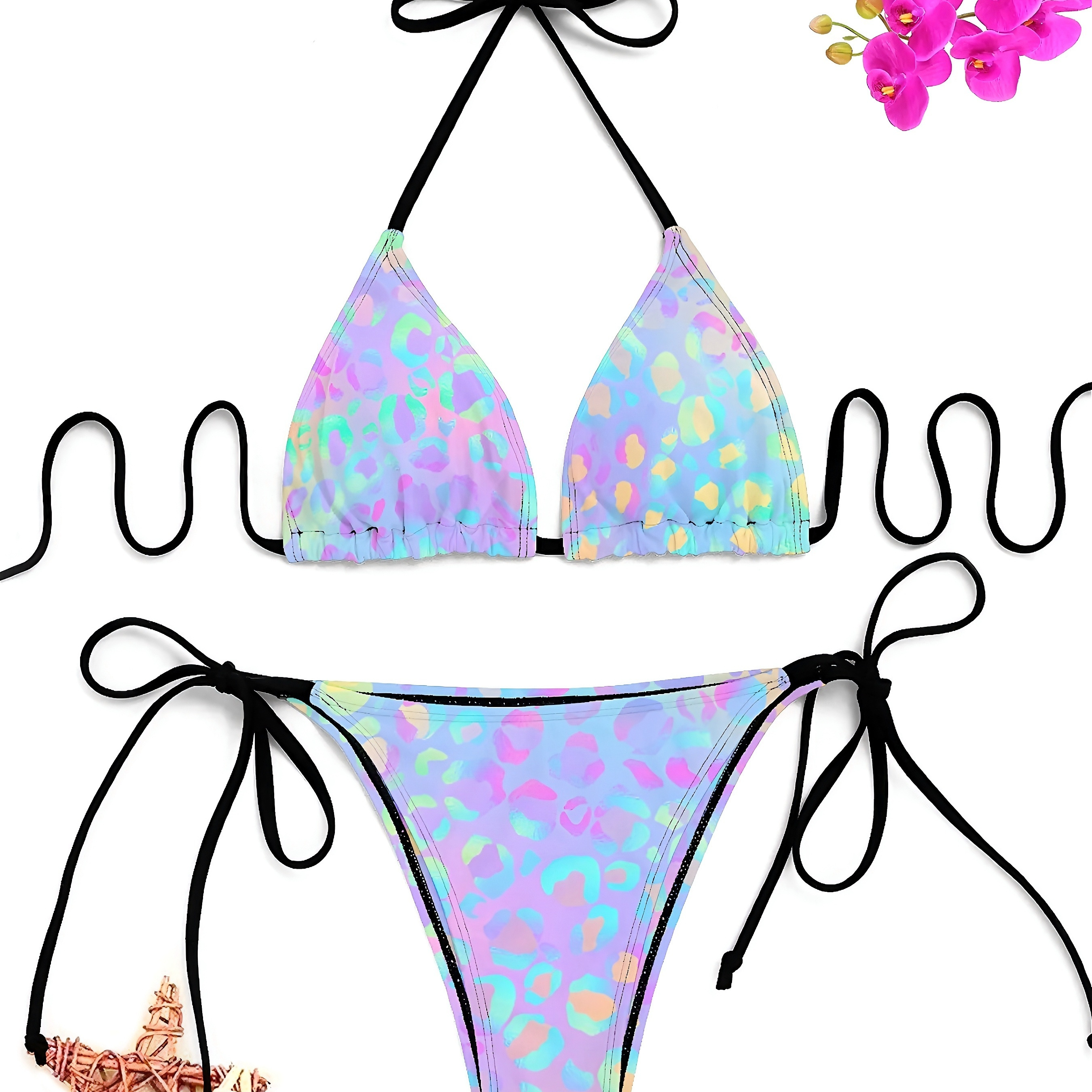 

Women's Bikini Set, Colorful Print, Adjustable Tie-back Swimwear, Two-piece Beachwear, Summer Bathing Suit With Triangle Top And Low Waist Bottoms