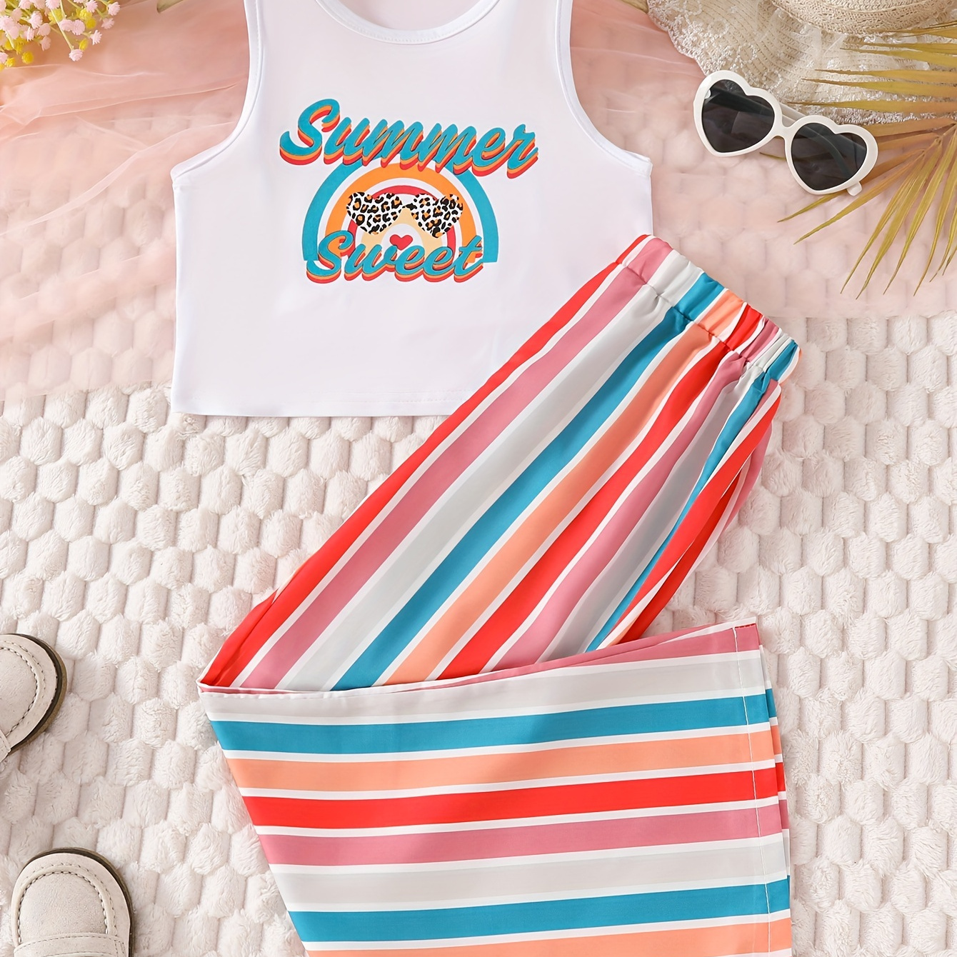 

Sweet Summer & Cartoon Rainbow Graphic Print, Girls' Casual & Comfy Outfit, 2pcs Sleeveless Crew Neck Tank Top & Rainbow Pattern Flare Pants Set For Spring & Summer, Girls' Clothes