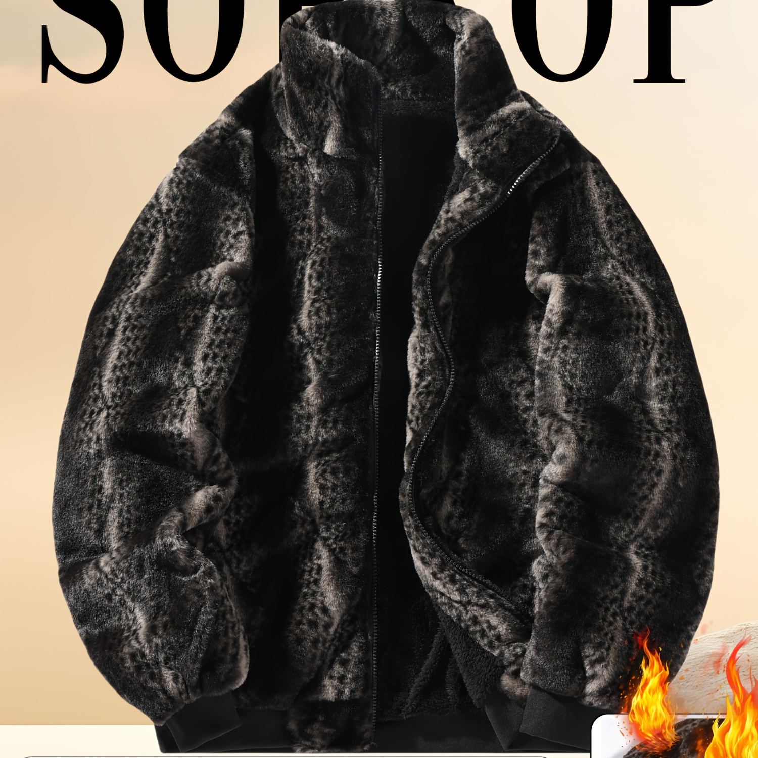 

Sopkop Men' Geometric-patterned Fur Jacket, Stand Collar, Regular Fit, Knit Fabric, Polyester , Zipper Closure, Fur , Winter