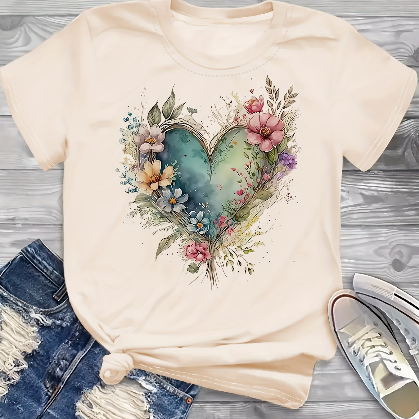 

Plus Size Floral & Heart Print T-shirt, Casual Short Sleeve Top For Spring & Summer, Women's Plus Size Clothing