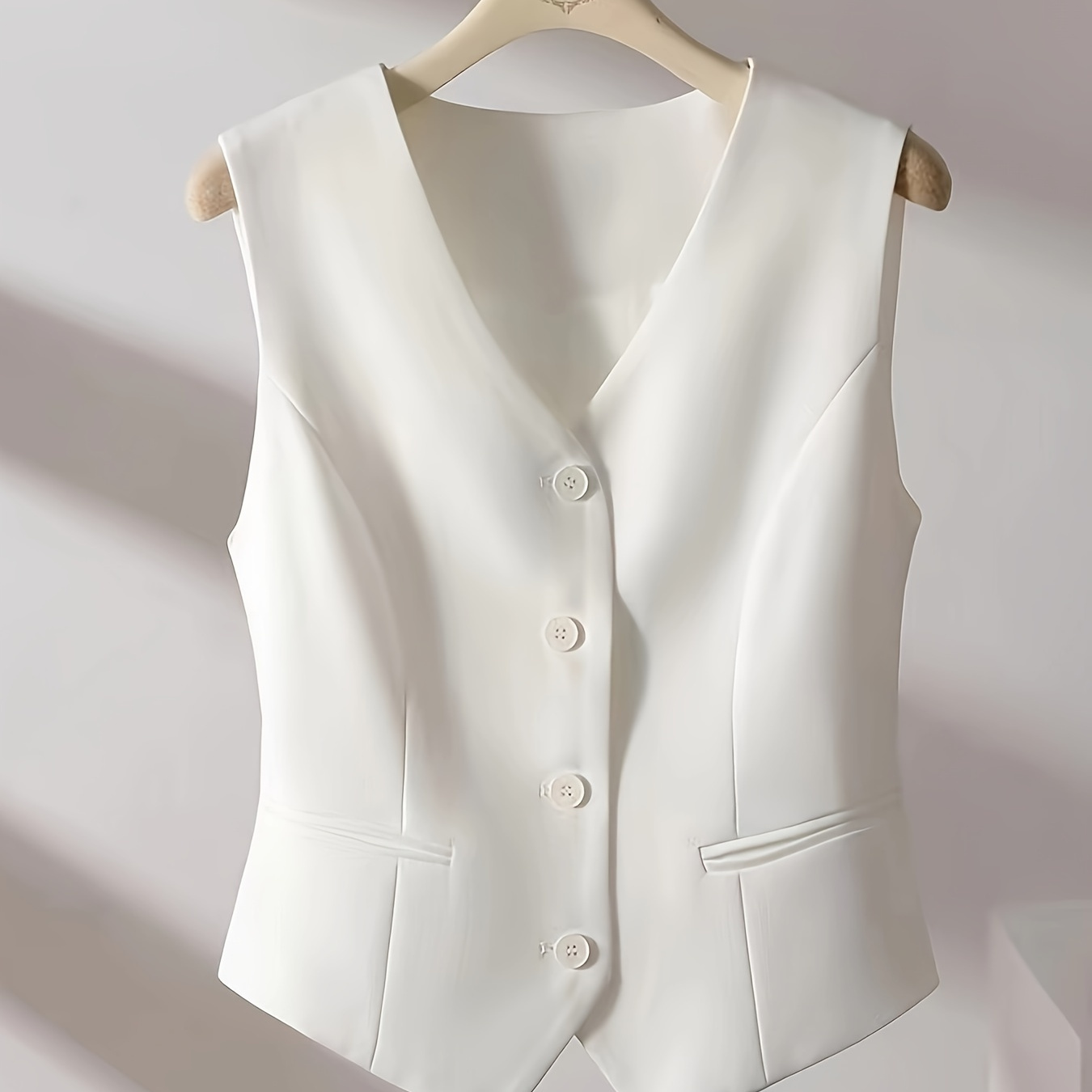 

V Neck Button Front Vest, Elegant Solid Color Sleeveless Vest For Spring & Fall, Women's Clothing