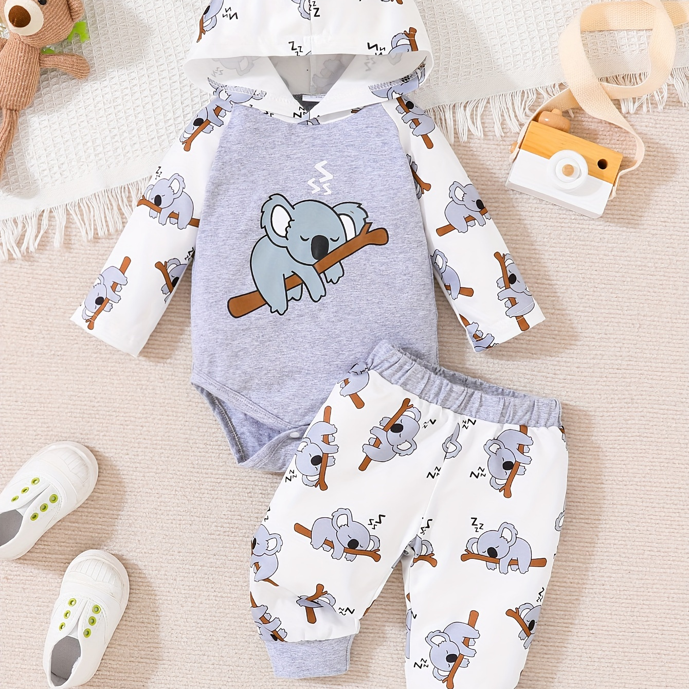 

2pcs Baby's Cartoon Koala Print Hooded Bodysuit & Comfy Full Print Pants Set, Infant & Toddler Boy's Clothes For Spring Fall Daily Wear