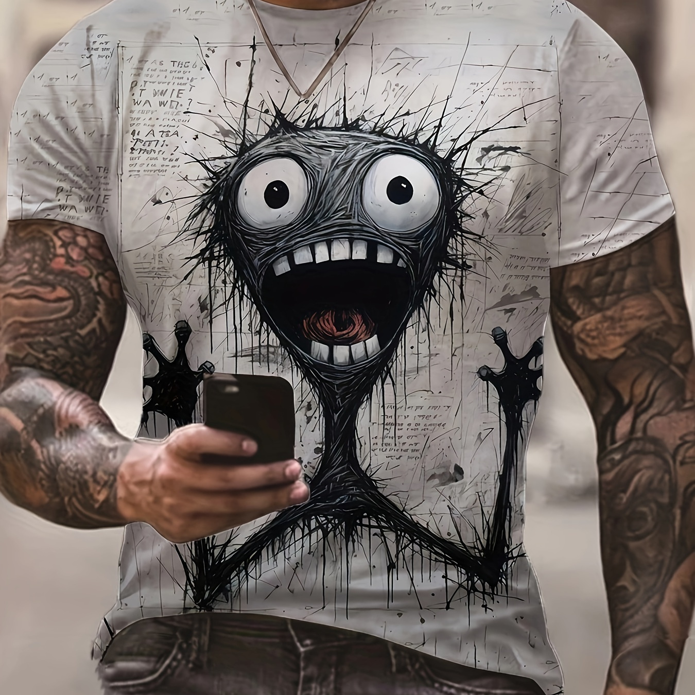 

Men's Chic And Stylish Screaming Monster Pattern Print Crew Neck Short Sleeve T-shirt, Comfy Tops For Summer Street Wear, Tees For Men
