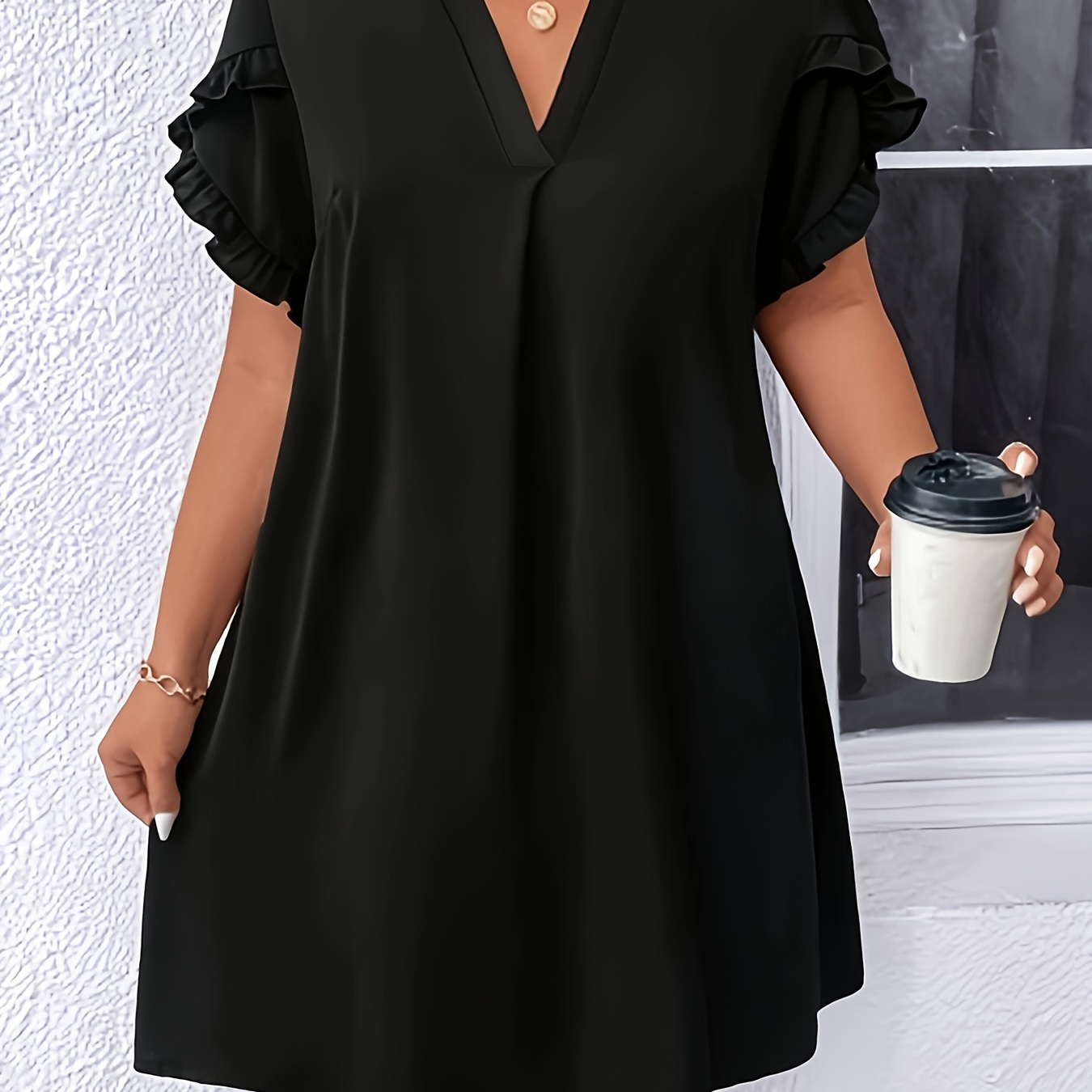 

Plus Size Solid Sleeve Dress, Elegant Notched Neck Dress For , Women's Plus Size Clothing