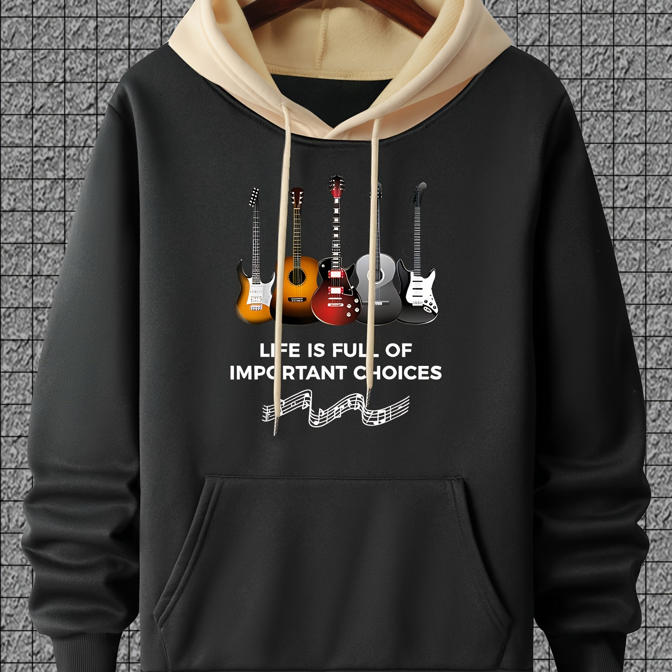 

Men's Trendy Hoodie With Guitar Print - Casual Pullover Sweatshirt, Long Sleeve, Machine Washable - Fall/winter