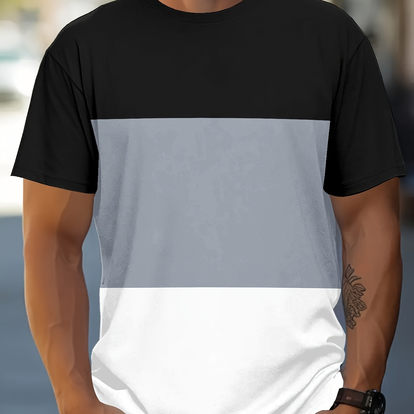 

T-shirt À Col Rond À Manches Courtes À Blocs De Couleurs Pour Hommes, T-shirt D'été Décontracté Pour Une Tenue Quotidienne Et Des Vacances En Station Balnéaire