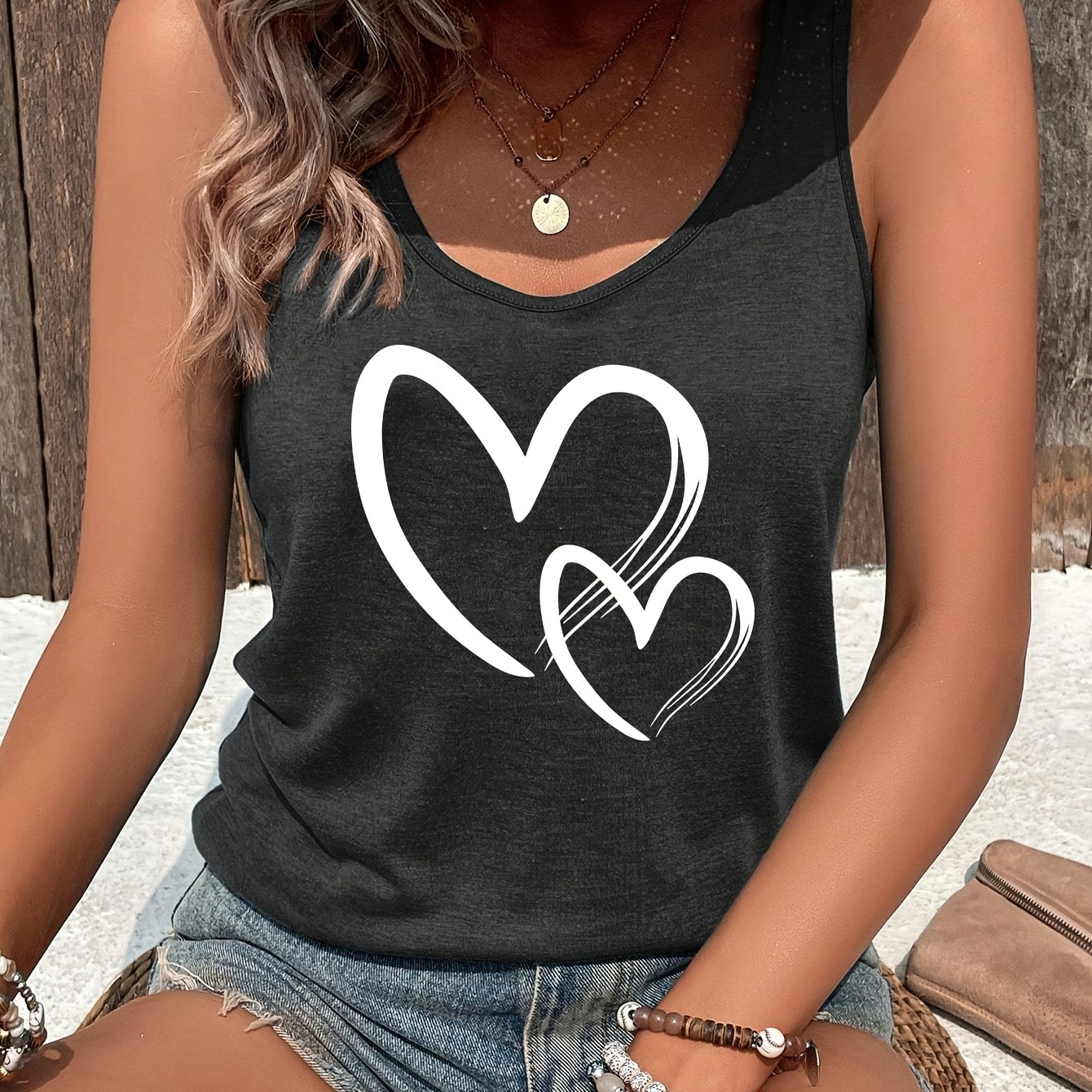 

Heart Print U Neck Tank Top, Casual Sleeveless Tank Top For Summer, Women's Clothing