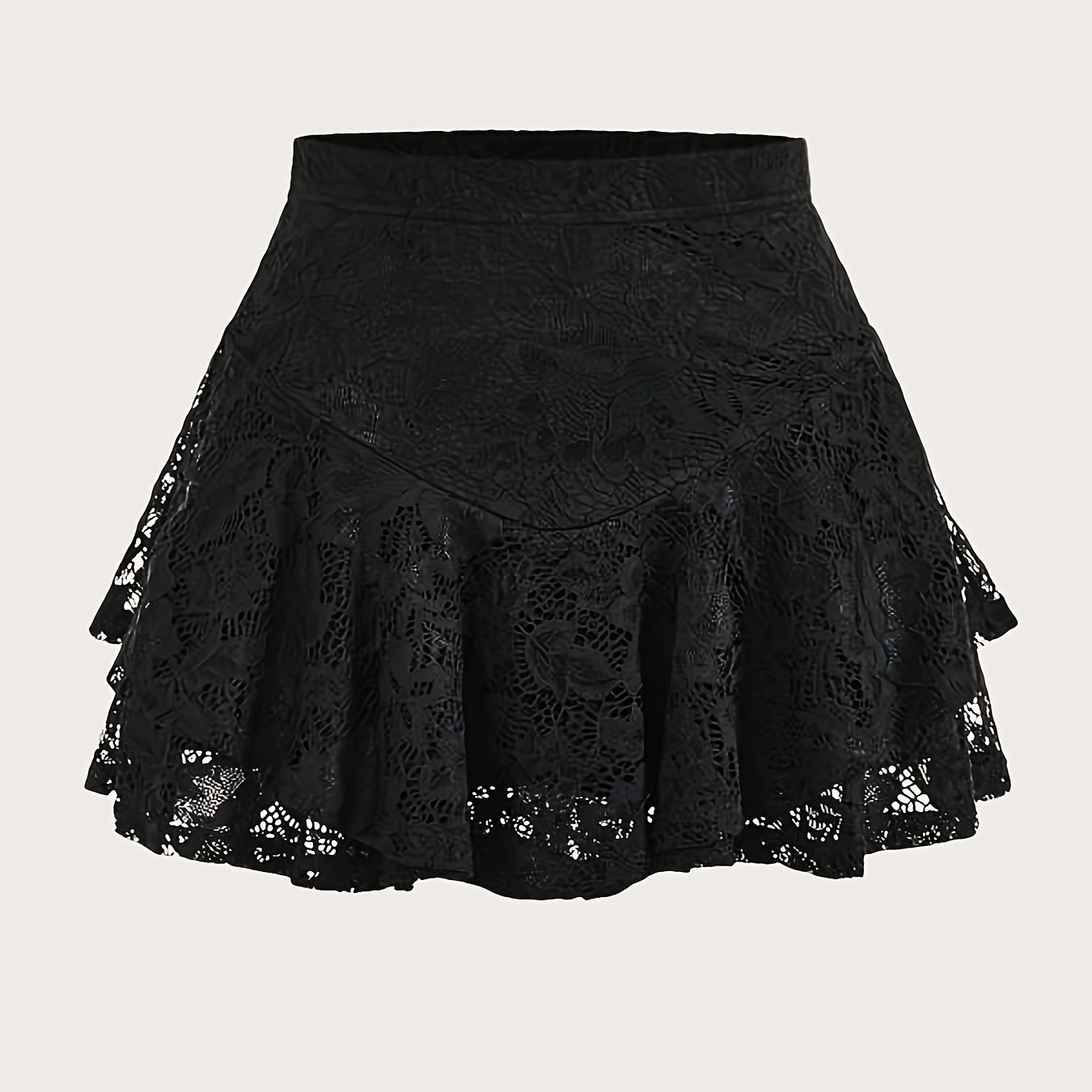 

Contrast Lace Layered Hem Skirt, Casual Solid Elastic Waist A-line Skirt For , Women's Clothing