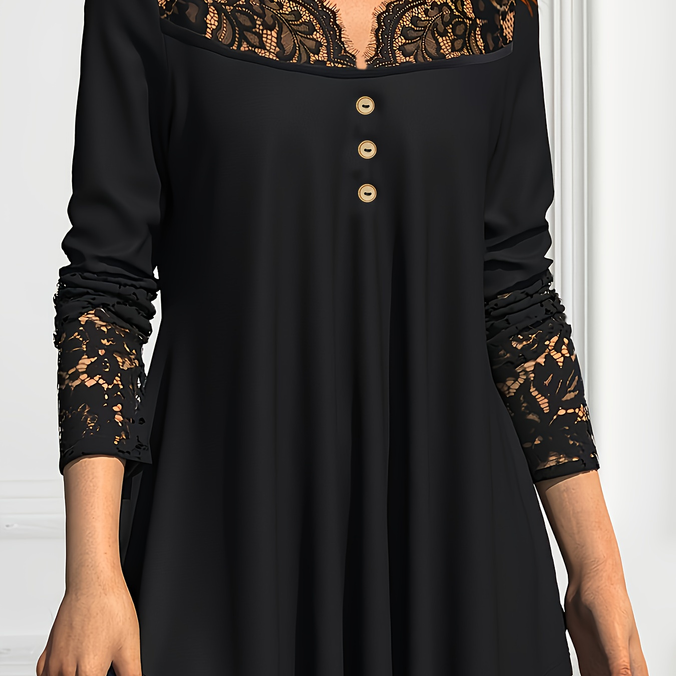 

Contrast Lace Button Front Top, Elegant Long Sleeve Top For Spring & Fall, Women's Clothing