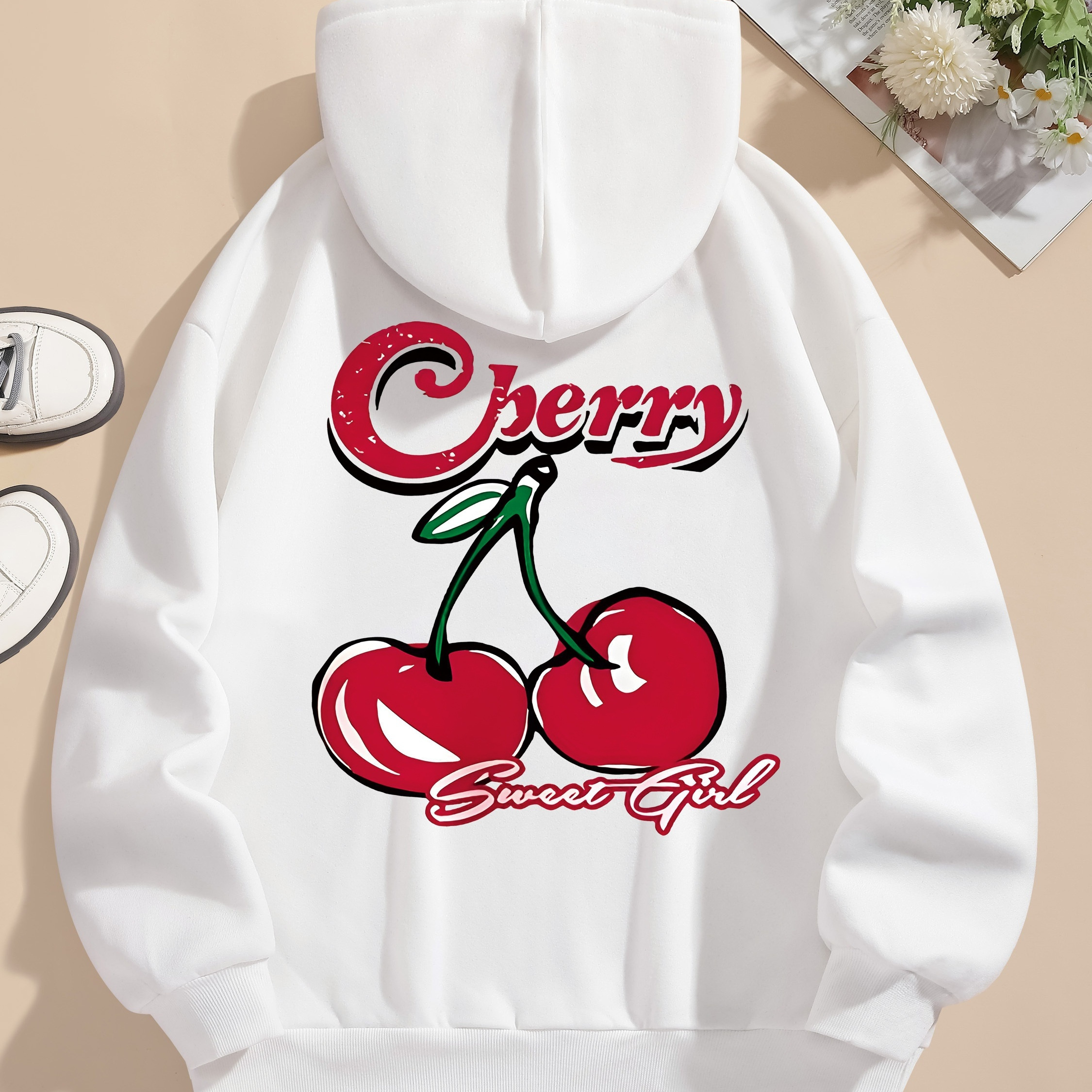 

Cherry Print Kangaroo Pocket Hoodie, Casual Long Sleeve Drawstring Hooded Sweatshirt For Fall & Winter, Women's Clothing