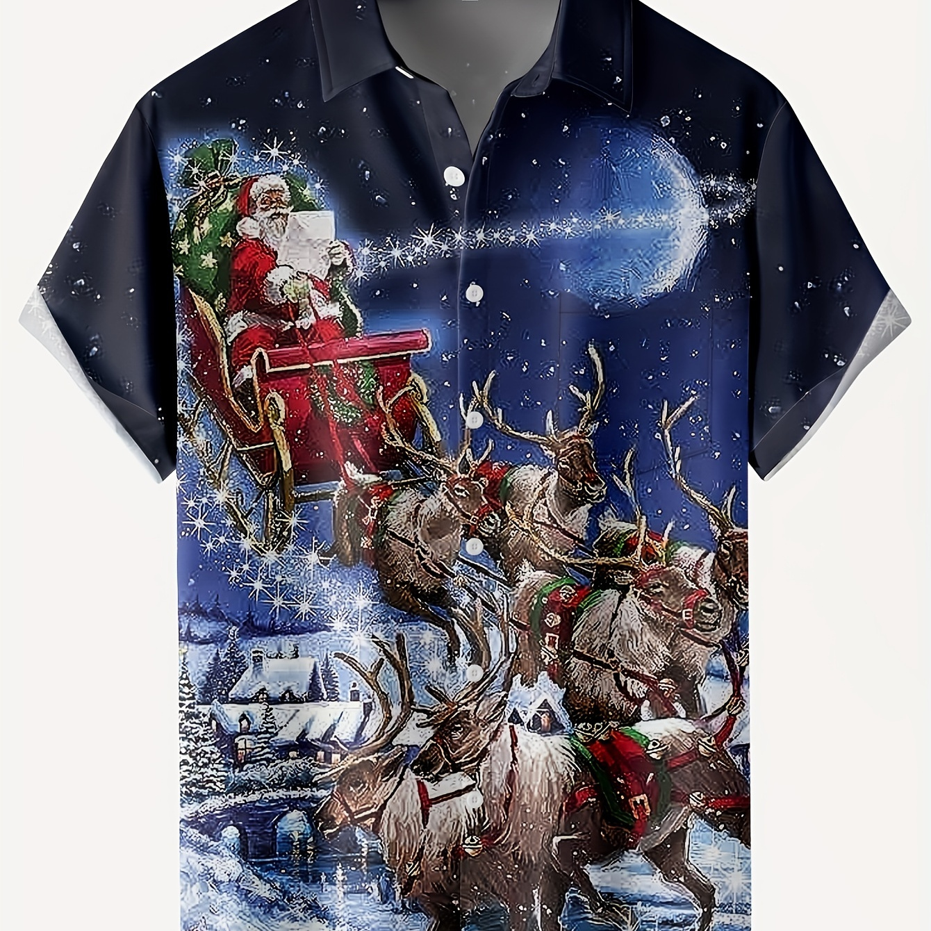 Anime Christmas Santa & Elk 3D Print, Men's Novelty Party Costume, Men's Trendy Short Sleeve Lapel Shirt