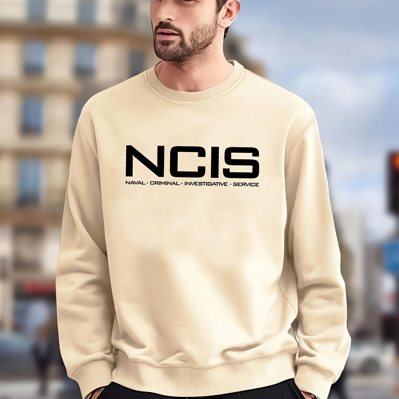 

Men's Pullover Round Neck Long Sleeve Sweatshirt "ncis" Pattern Casual Top For Autumn Winter Men's Clothing As Gifts