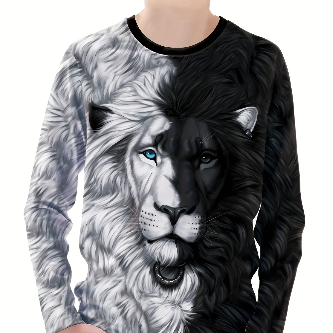 

Lion Pattern Long Sleeve Sports Shirt, Boy's Casual Color Block Crew Neck Outdoor T-shirt