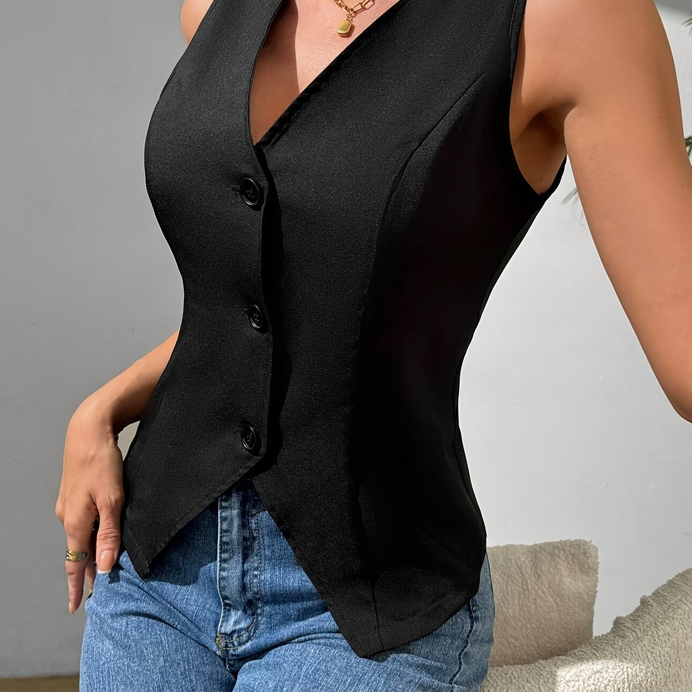 

Button Front V Neck Vest, Elegant Solid Color Sleeveless Slim Fit Vest For Spring & Summer, Women's Clothing