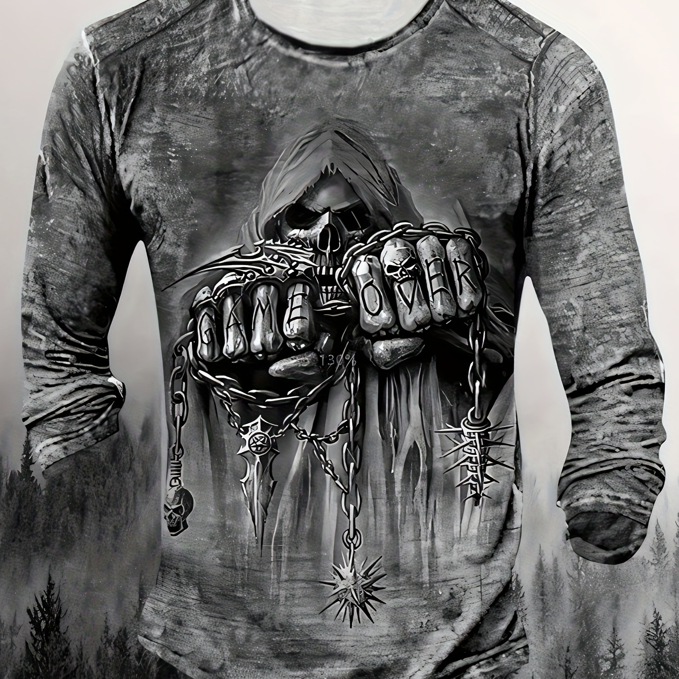 

Men's Polyester Long Sleeve Crew Neck T-shirt With 3d Gothic "" Knuckle Regular Fabric Top For Fall/winter