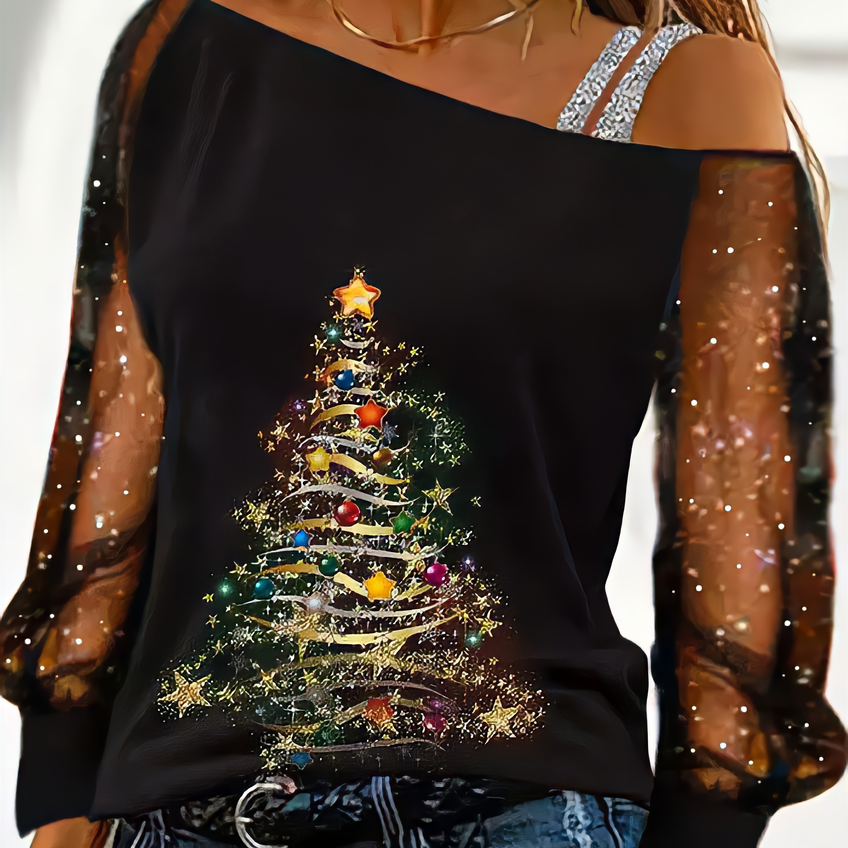 

Christmas Tree Print Cold Shoulder T-shirt, Casual Mesh Stitching Long Sleeve Top For Spring & Fall, Women's Clothing